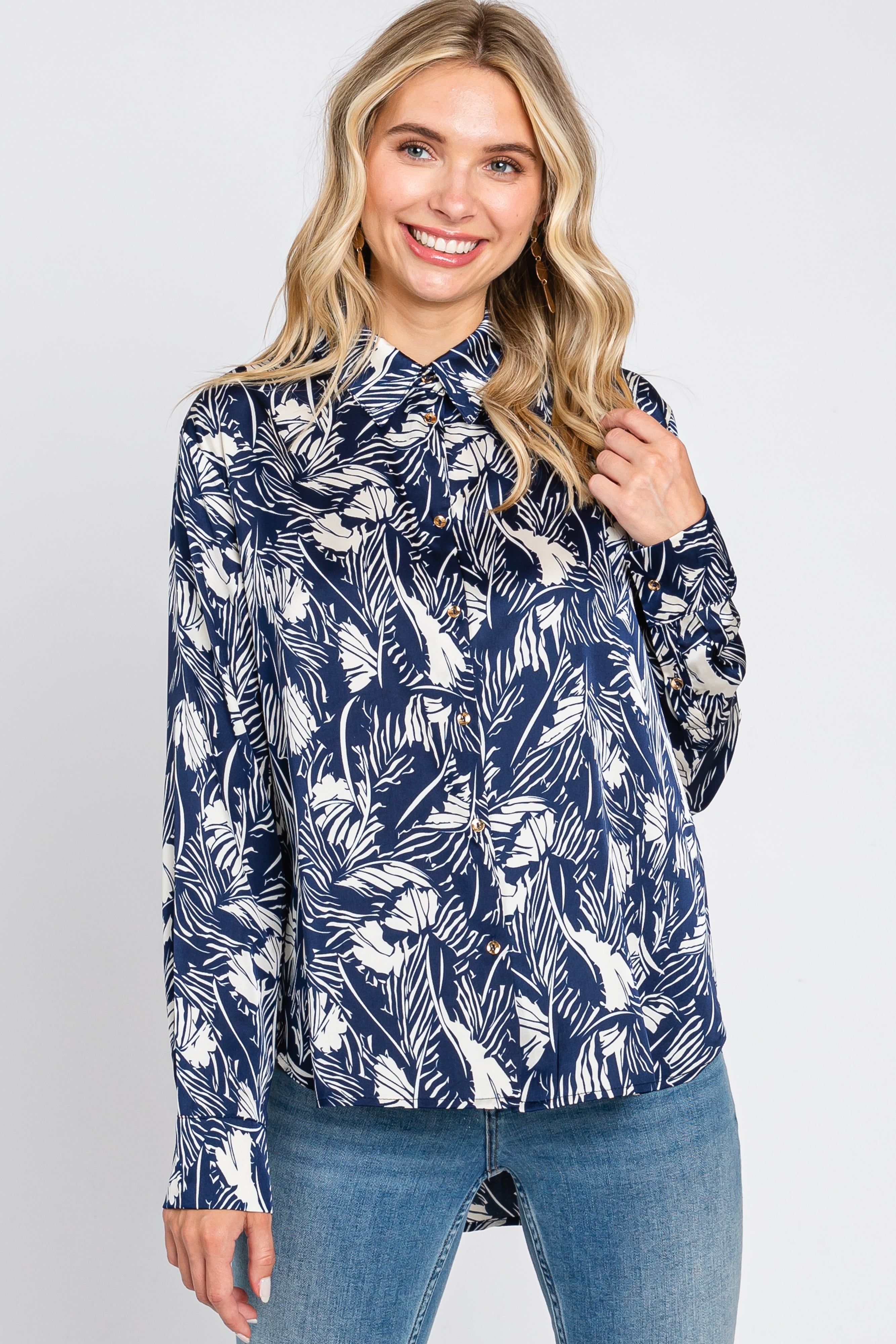 Navy Leaf Print Satin Button Up Blouse sold by Pinkblush