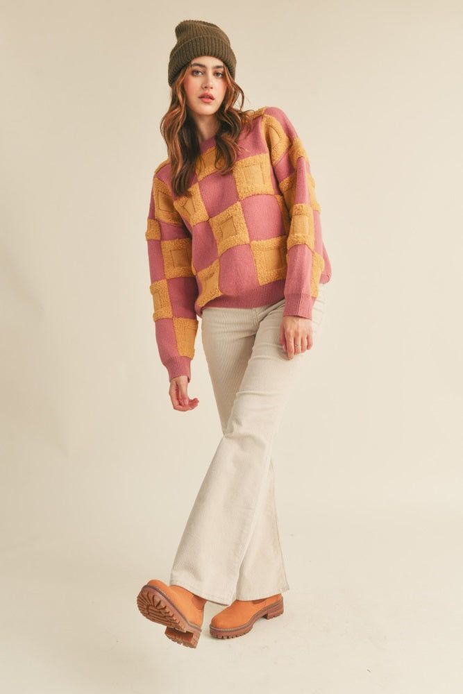 Dusty Pink Yellow Textured Checkered Sweater Pullover sold by Pinkblush product image thumbnail 2