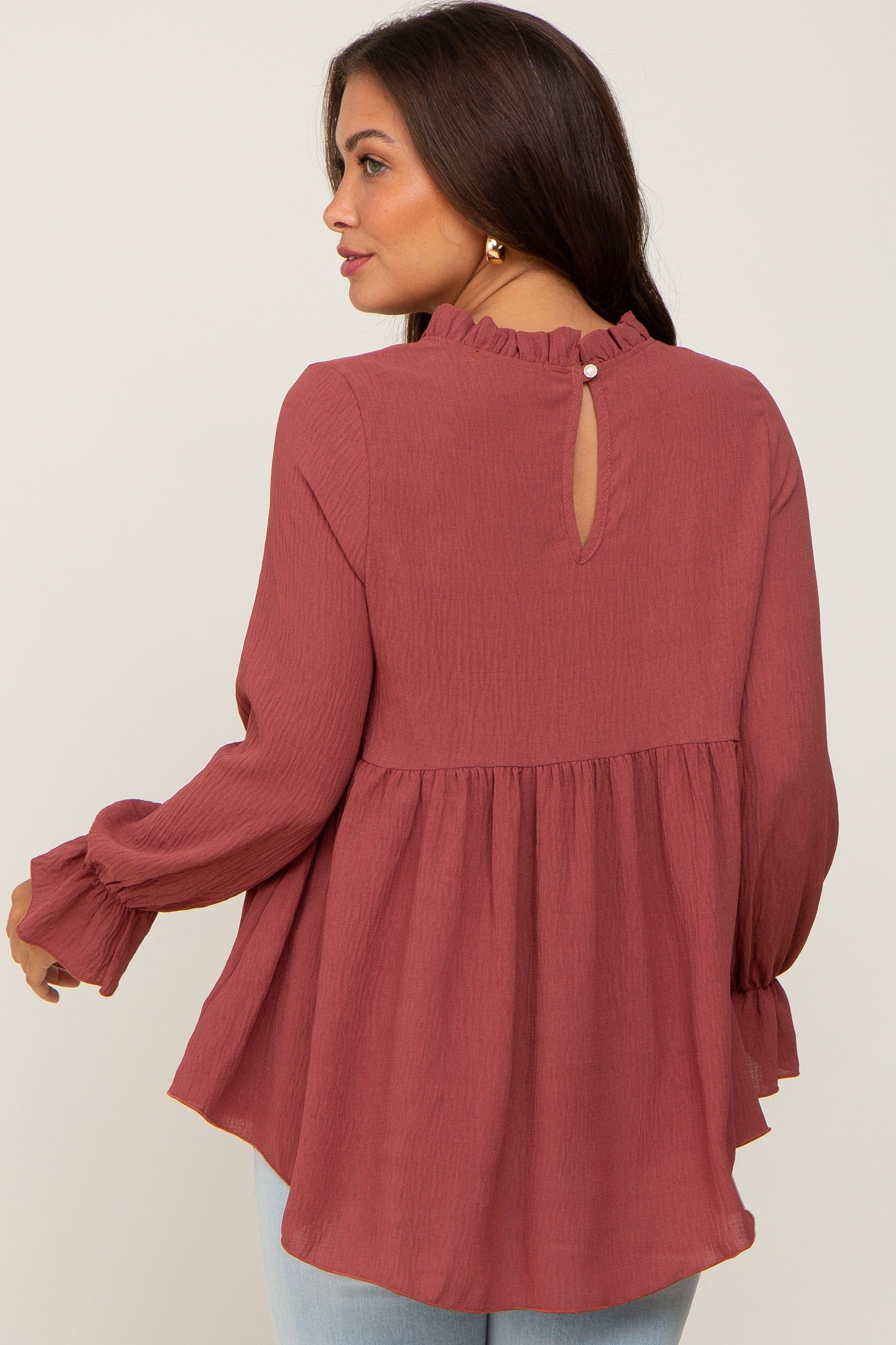 Rust Long Sleeve Ruffle Peplum Maternity Blouse sold by Pinkblush product image thumbnail 4