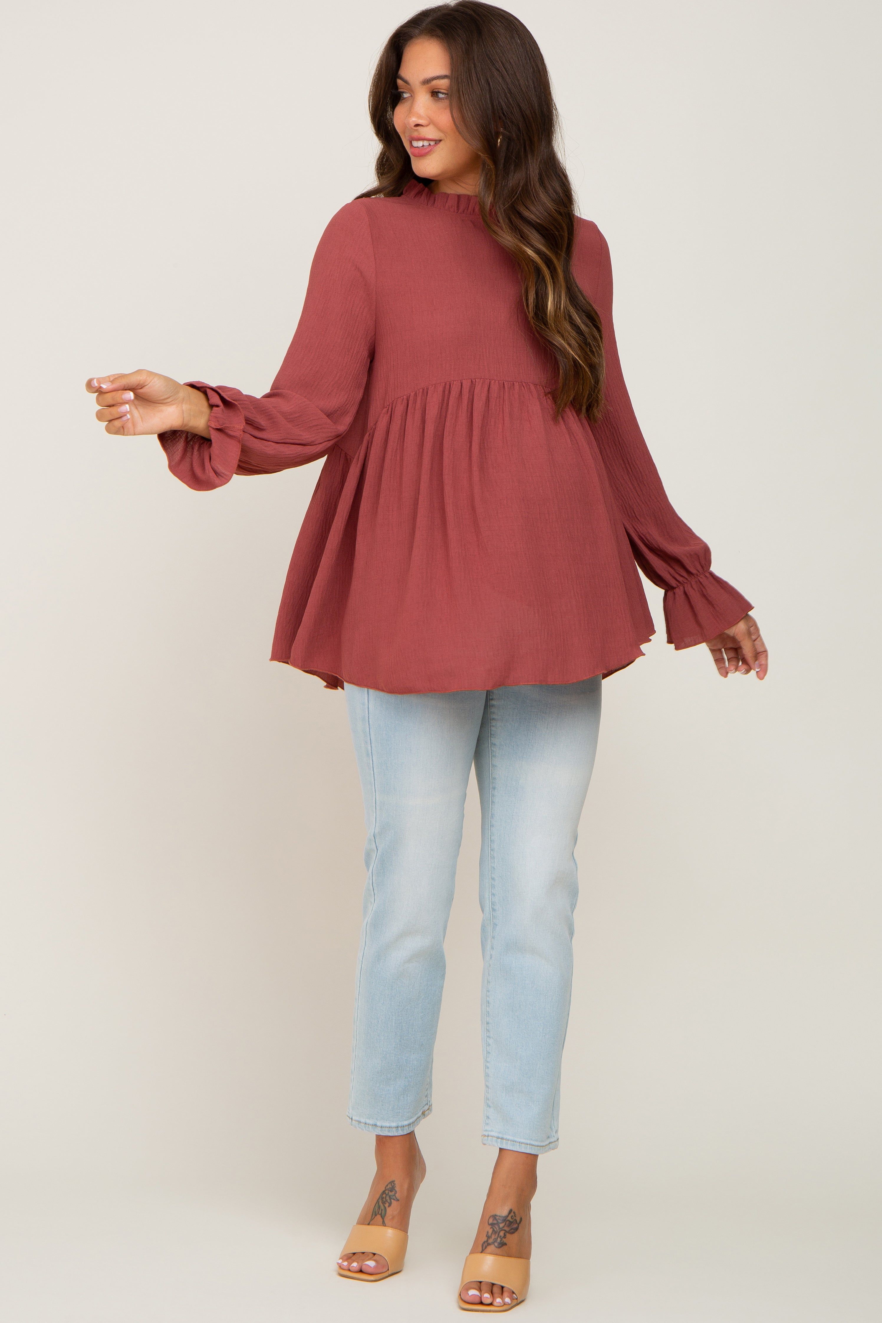 Rust Long Sleeve Ruffle Peplum Maternity Blouse sold by Pinkblush