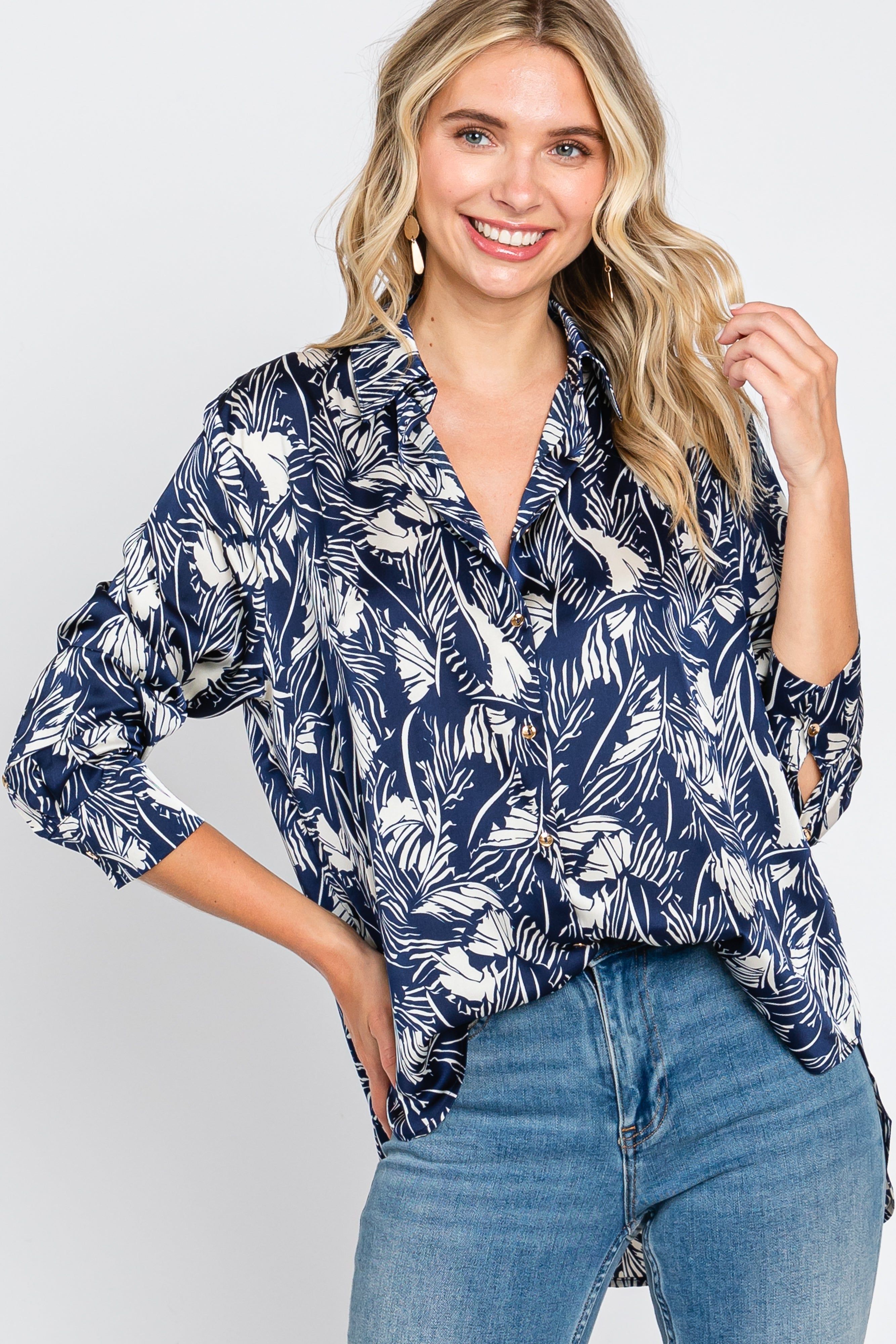 Navy Leaf Print Satin Button Up Blouse sold by Pinkblush product image thumbnail 5
