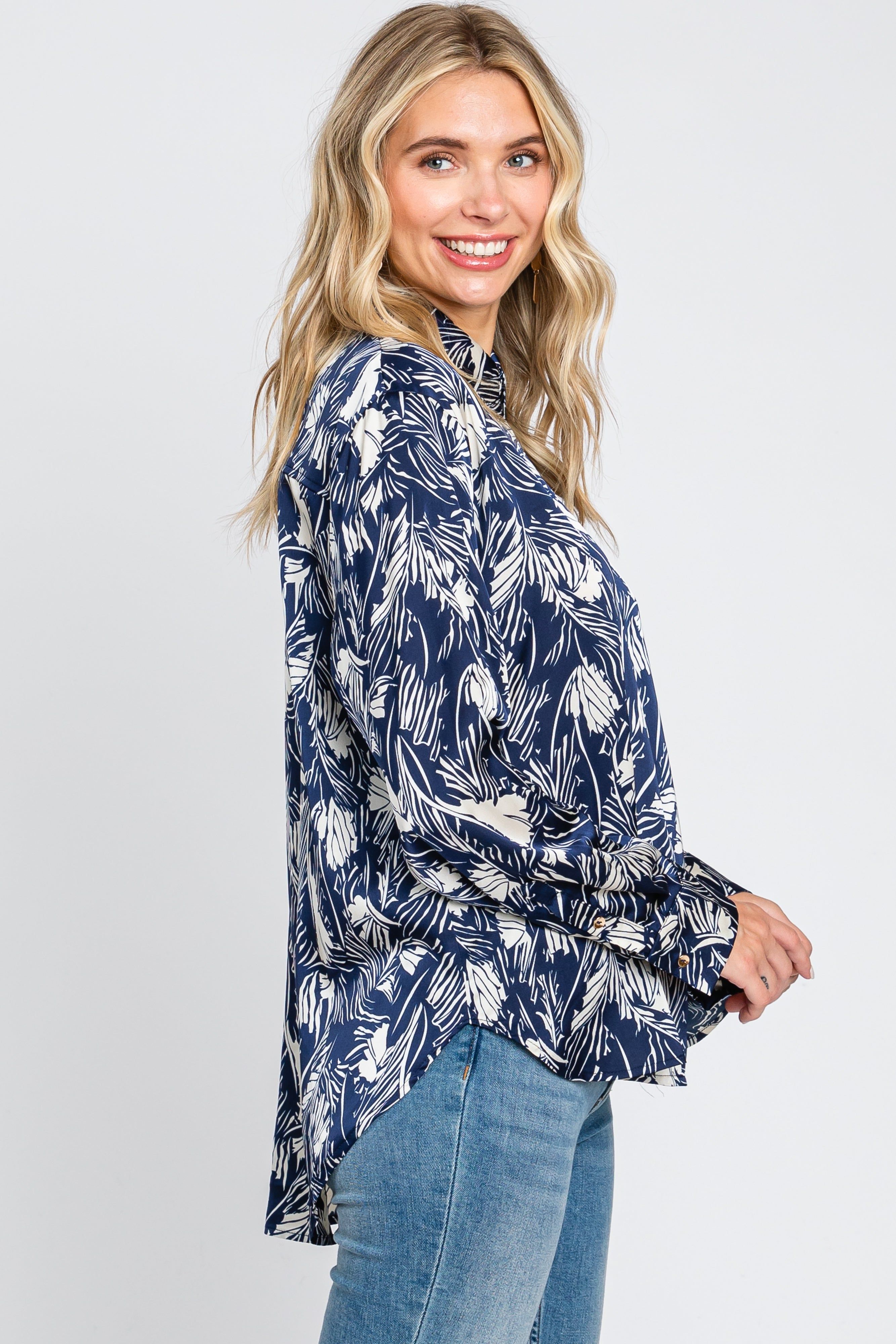 Navy Leaf Print Satin Button Up Blouse sold by Pinkblush product image thumbnail 2