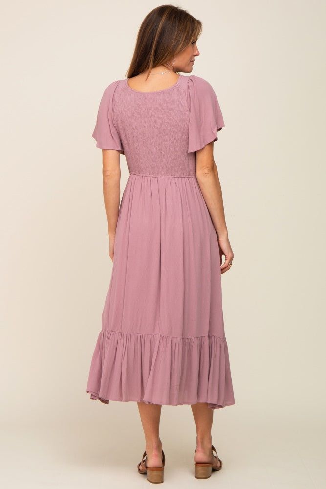 Lavender Smocked V-Neck Midi Dress sold by Pinkblush product image thumbnail 3