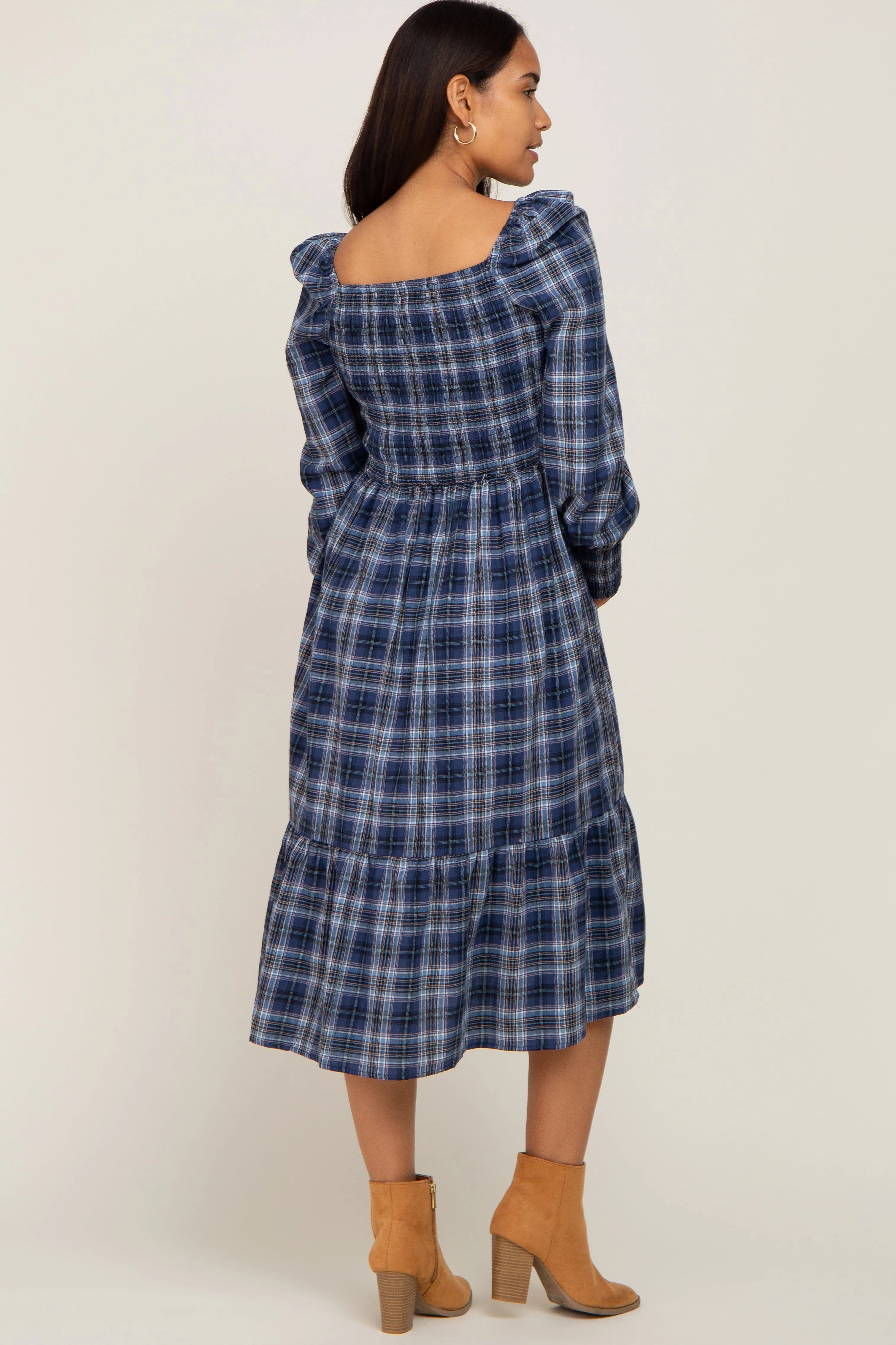 Navy Plaid Puff Sleeve Maternity Midi Dress sold by Pinkblush product image thumbnail 3