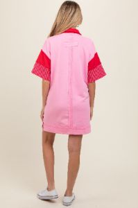 Pink Striped Color Block Collared Terry Maternity Dress sold by Pinkblush