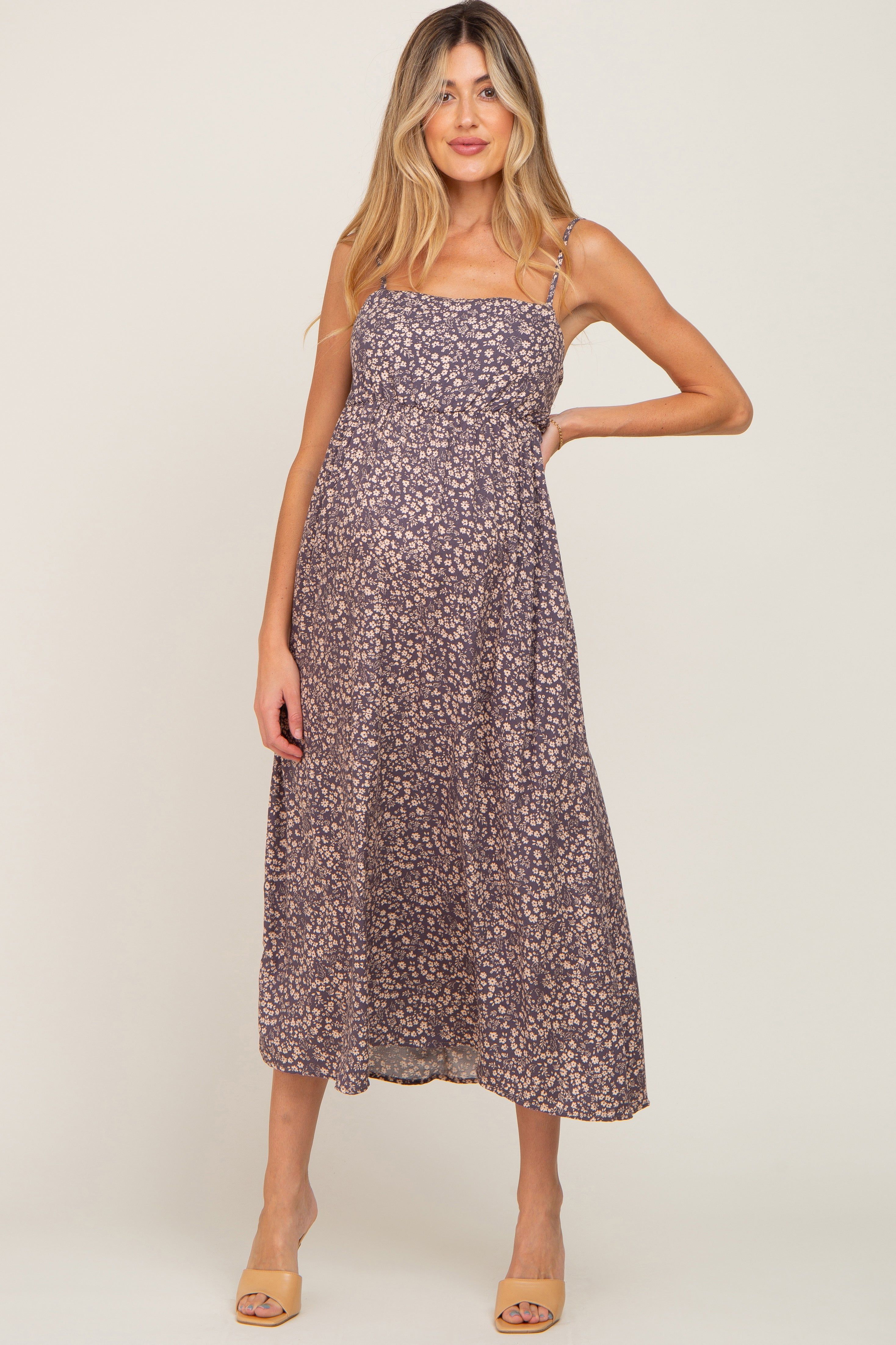 Purple Floral Cutout Back Maternity Midi Dress sold by Pinkblush