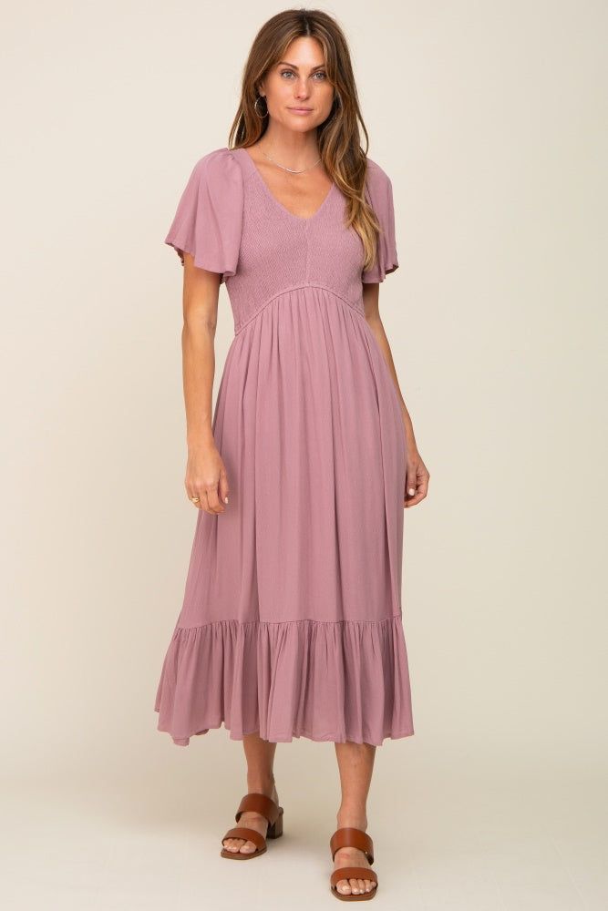 Lavender Smocked V-Neck Midi Dress sold by Pinkblush product image thumbnail 4