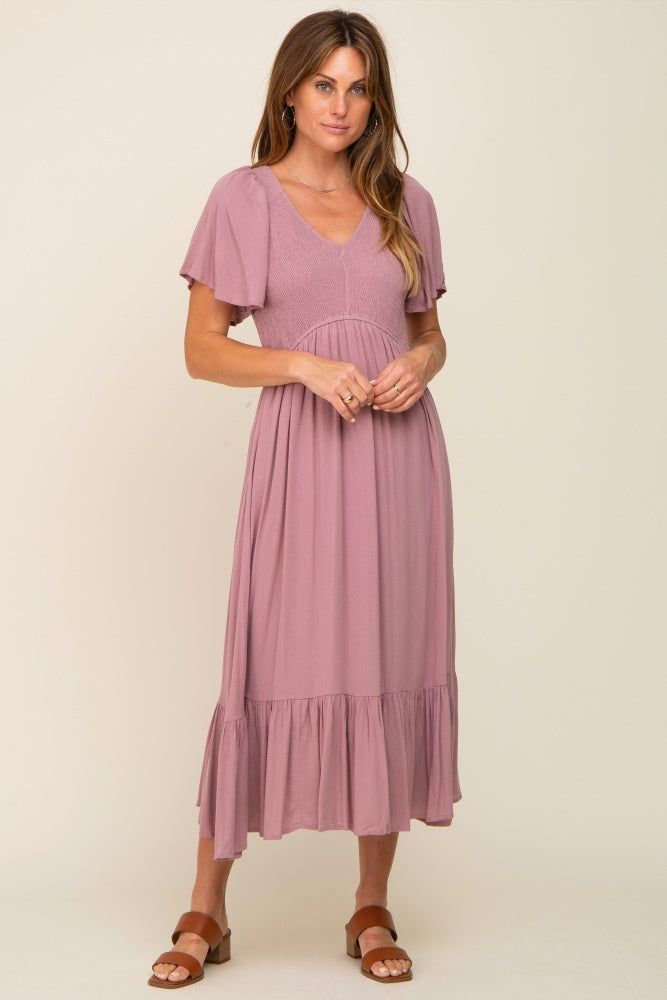 Lavender Smocked V-Neck Midi Dress sold by Pinkblush