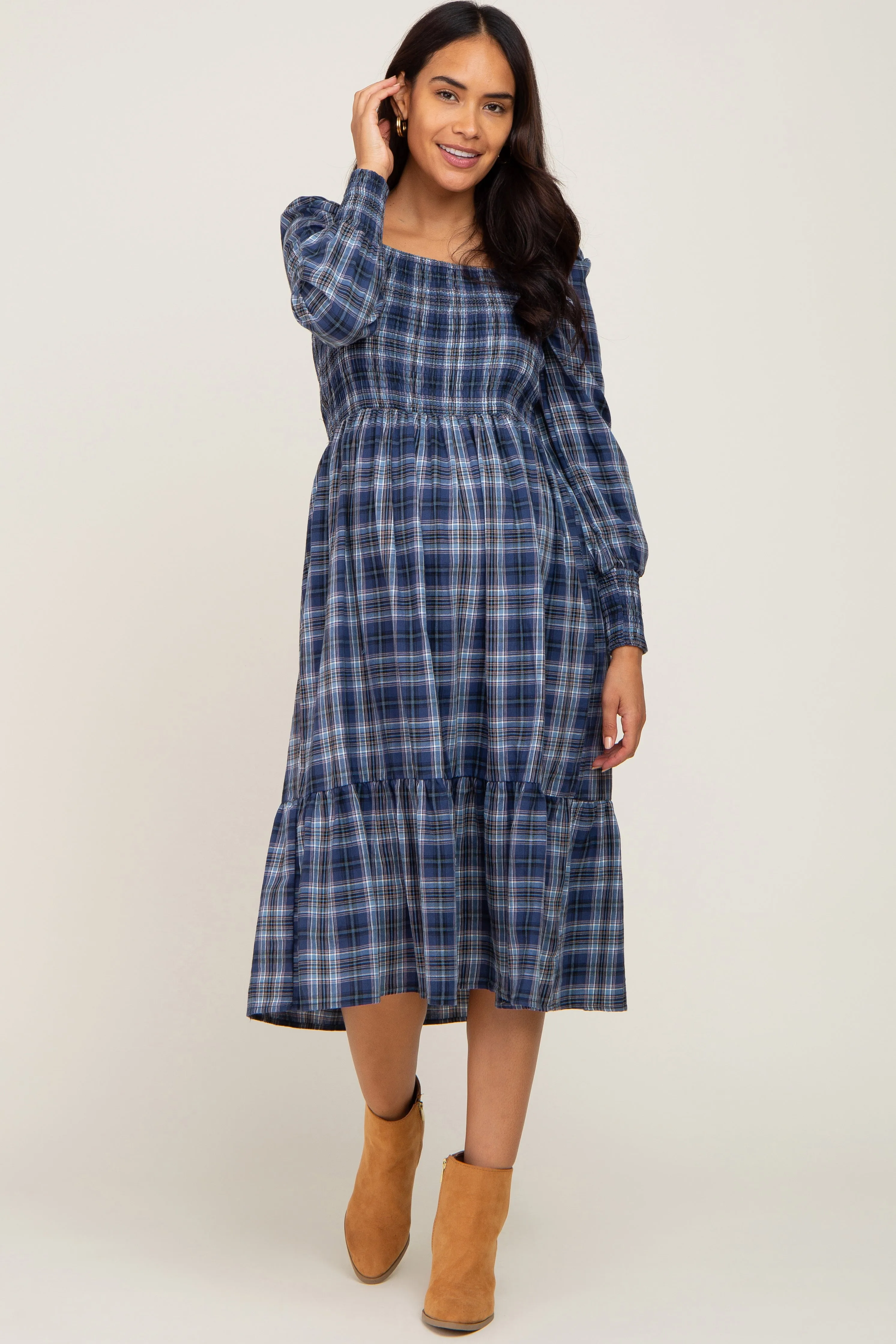 Navy Plaid Puff Sleeve Maternity Midi Dress sold by Pinkblush