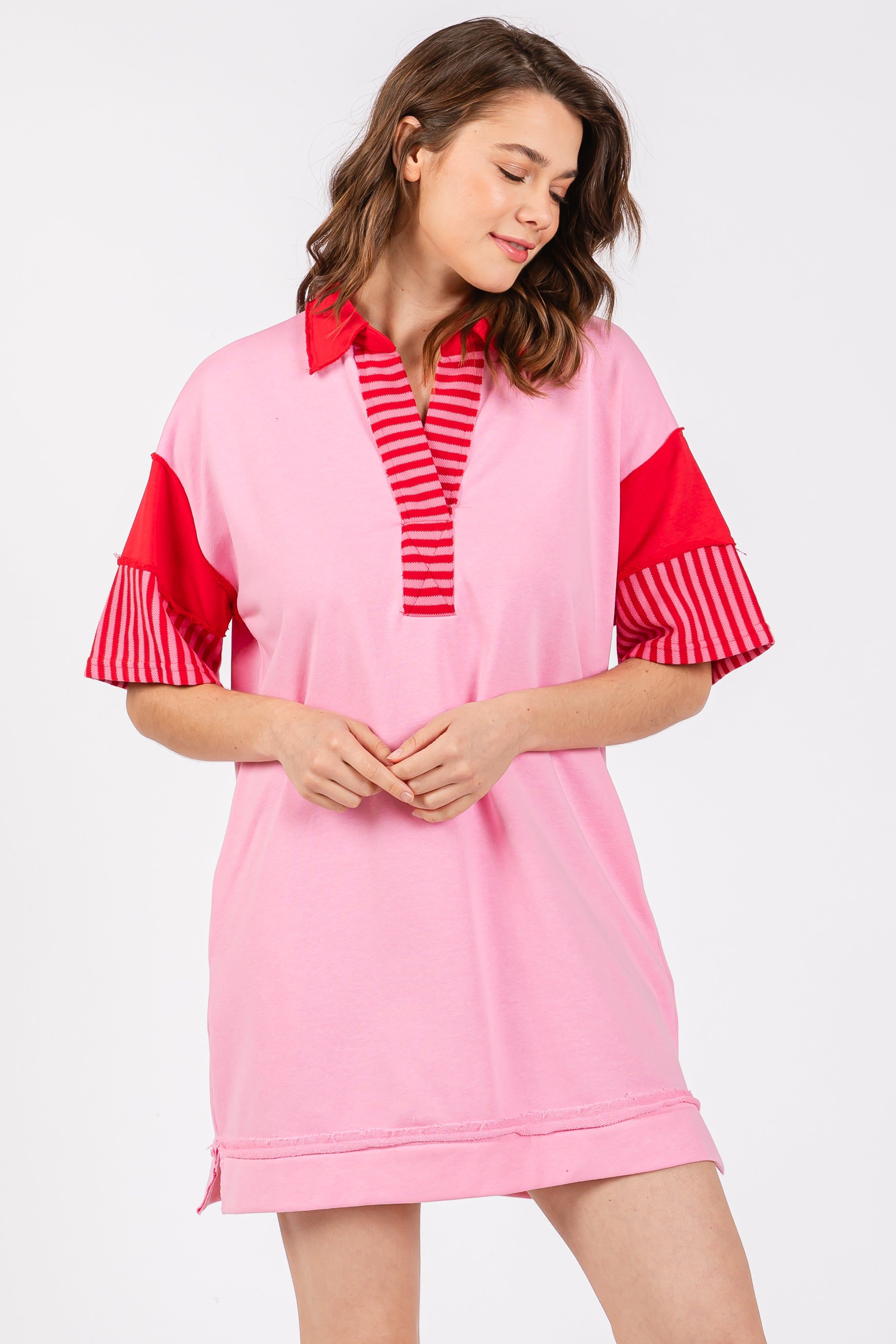 Pink Striped Color Block Collared Terry Maternity Dress sold by Pinkblush product image thumbnail 4