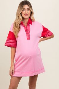 Pink Striped Color Block Collared Terry Maternity Dress sold by Pinkblush