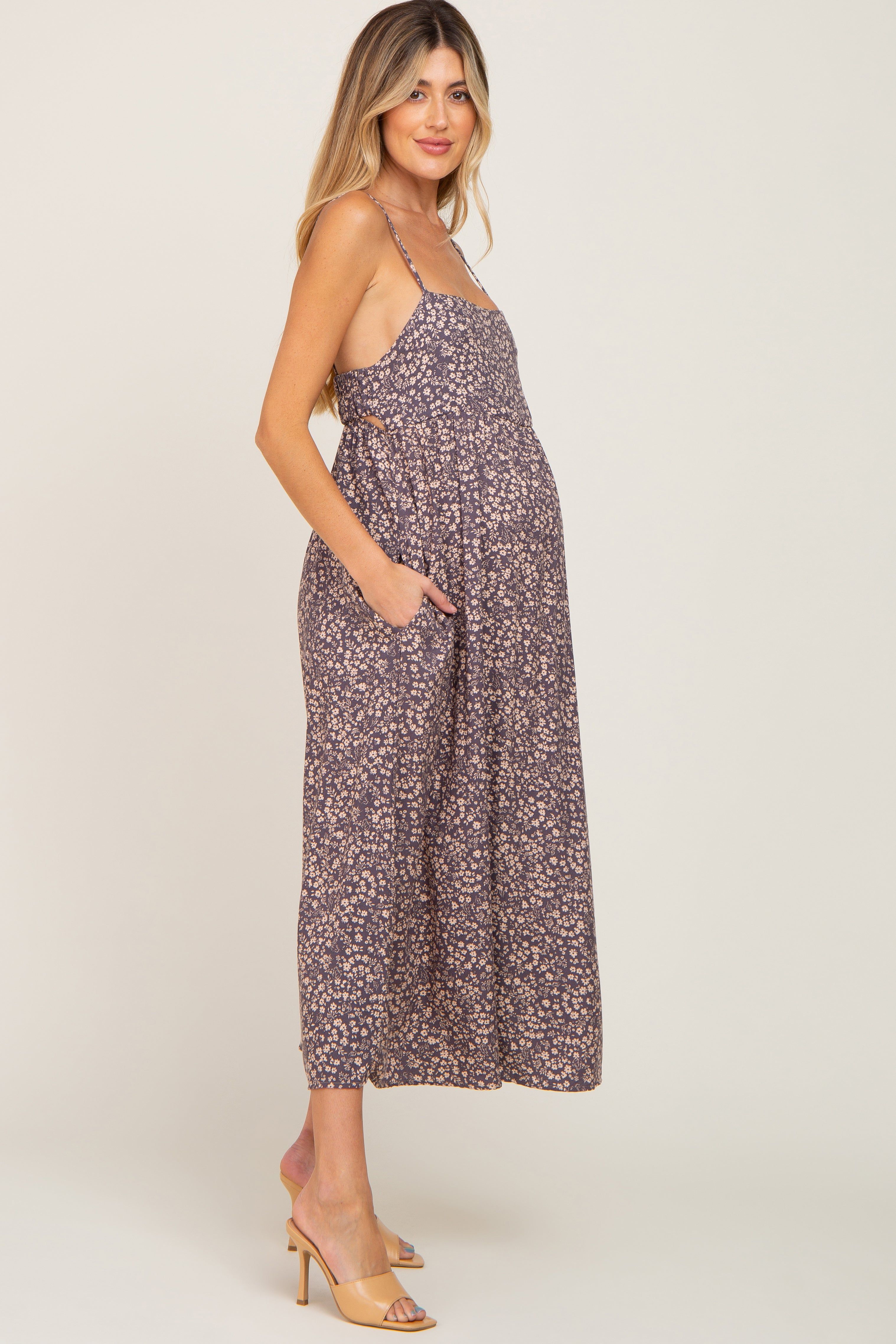 Purple Floral Cutout Back Maternity Midi Dress sold by Pinkblush product image thumbnail 2