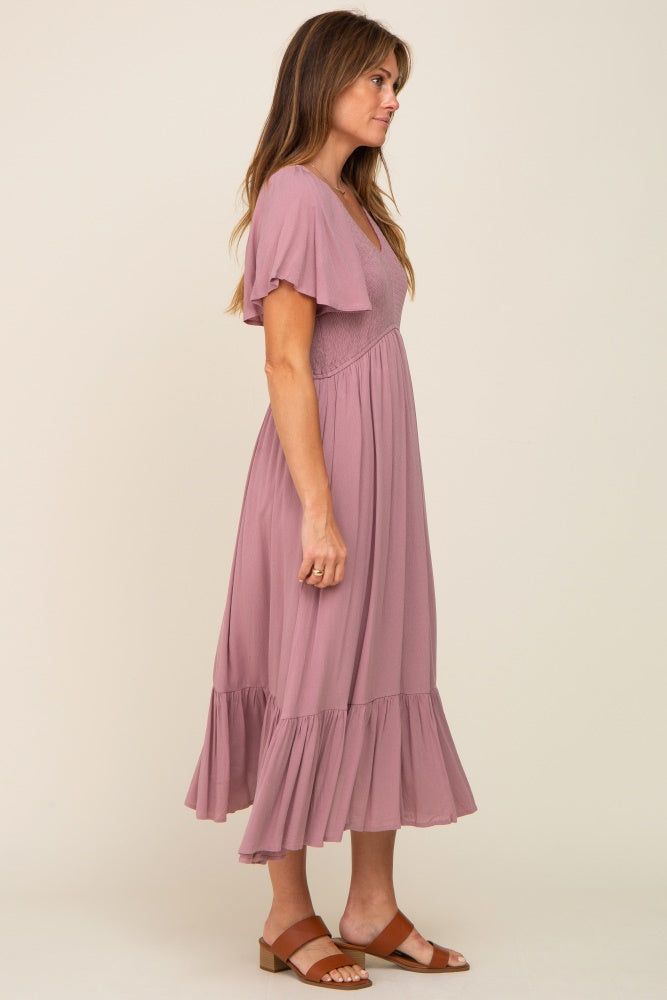 Lavender Smocked V-Neck Midi Dress sold by Pinkblush product image thumbnail 2