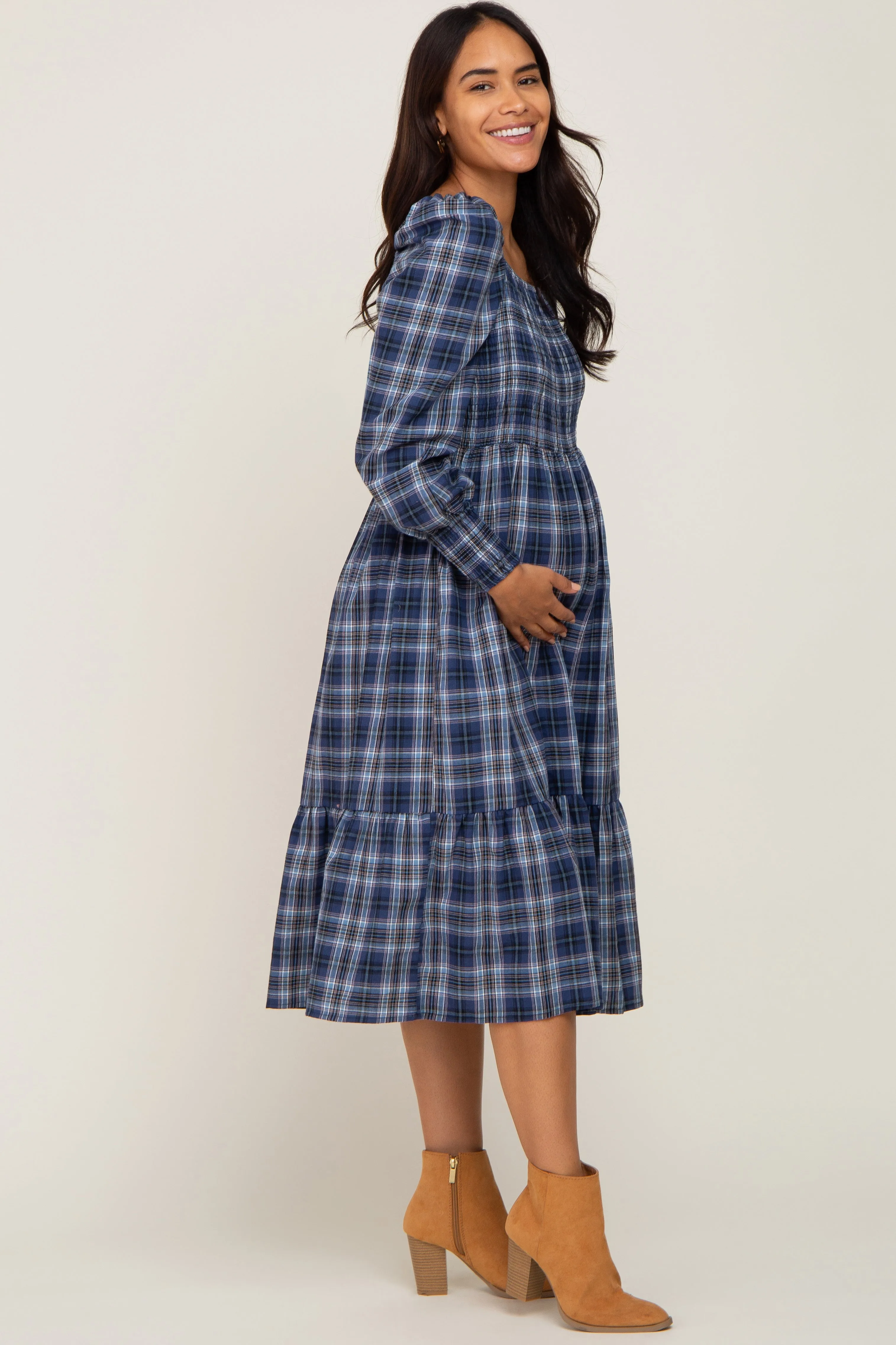 Navy Plaid Puff Sleeve Maternity Midi Dress sold by Pinkblush product image thumbnail 2