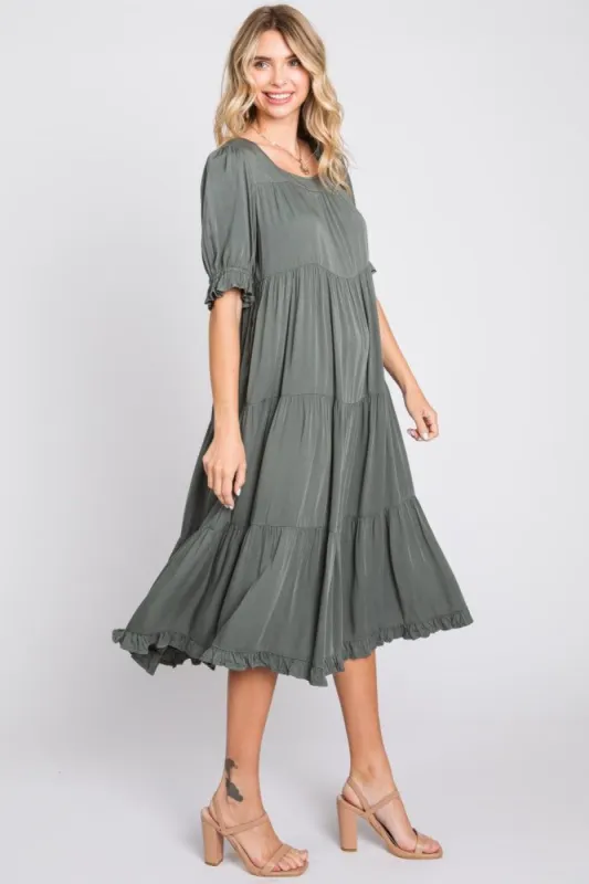 Olive Tiered Ruffle Hem Midi Dress sold by Pinkblush