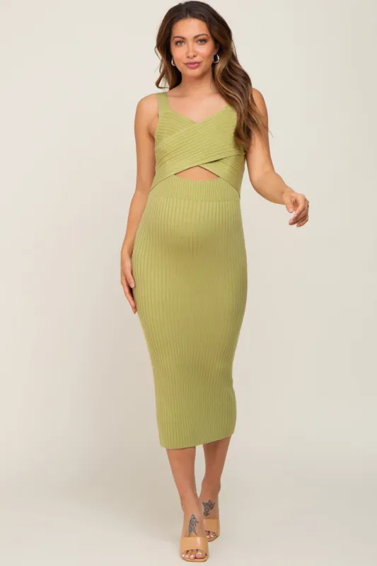 Green Rib Knit Cross Front Back Tie Maternity Midi Dress sold by Pinkblush