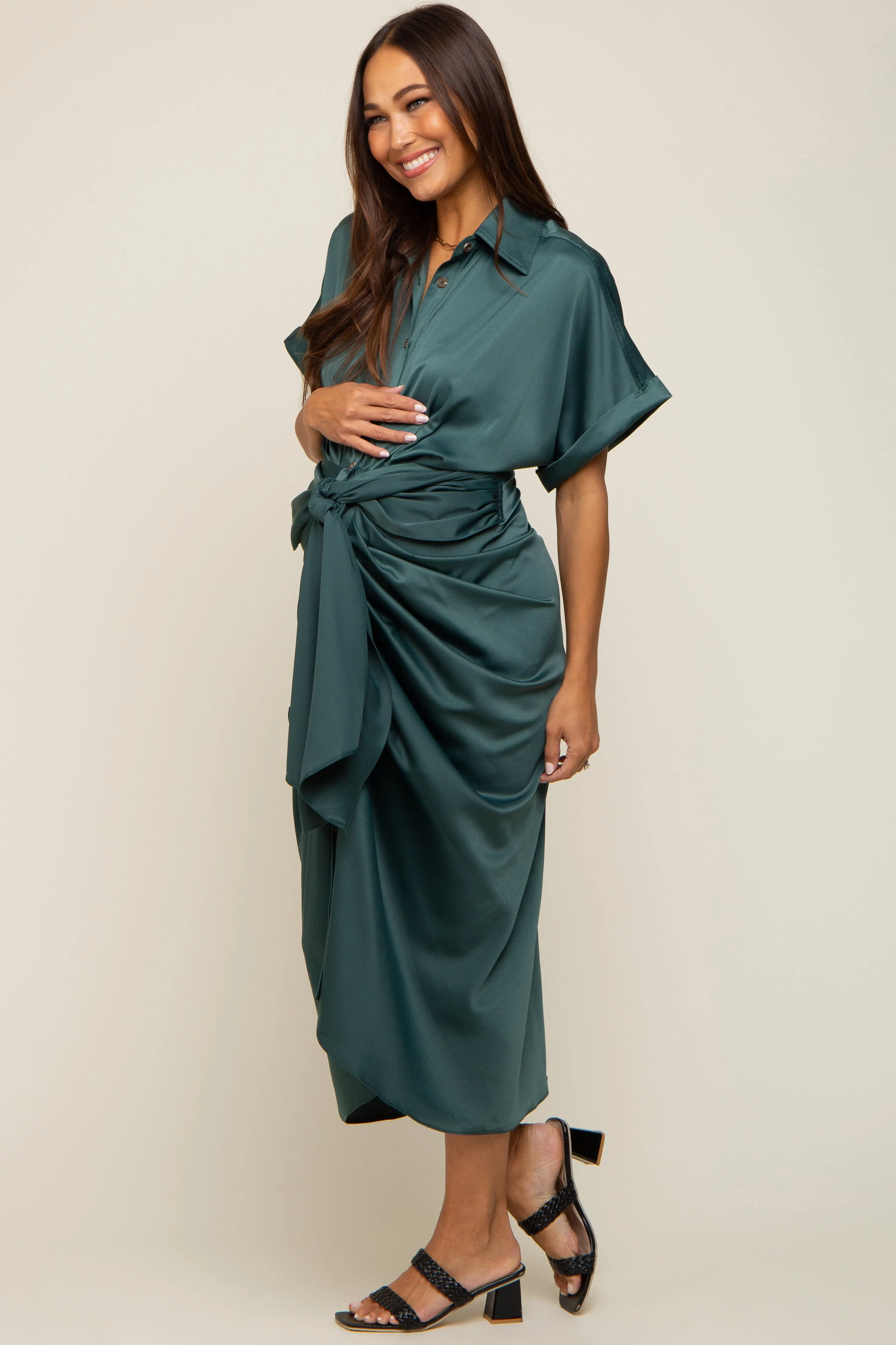 Green Satin Button Down Gathered Maternity Midi Dress sold by Pinkblush product image thumbnail 3