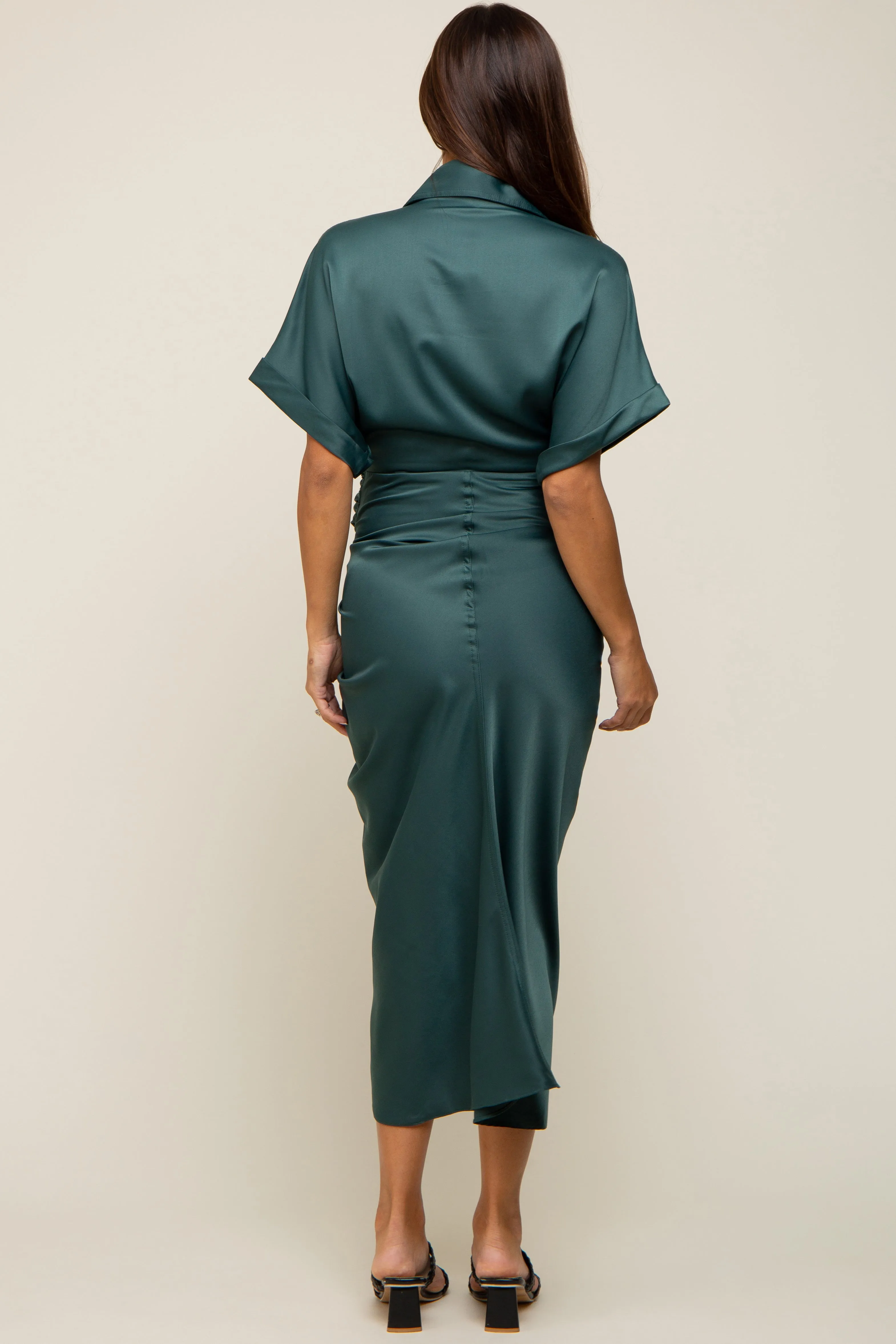Green Satin Button Down Gathered Maternity Midi Dress sold by Pinkblush product image thumbnail 4
