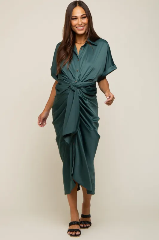 Green Satin Button Down Gathered Maternity Midi Dress sold by Pinkblush