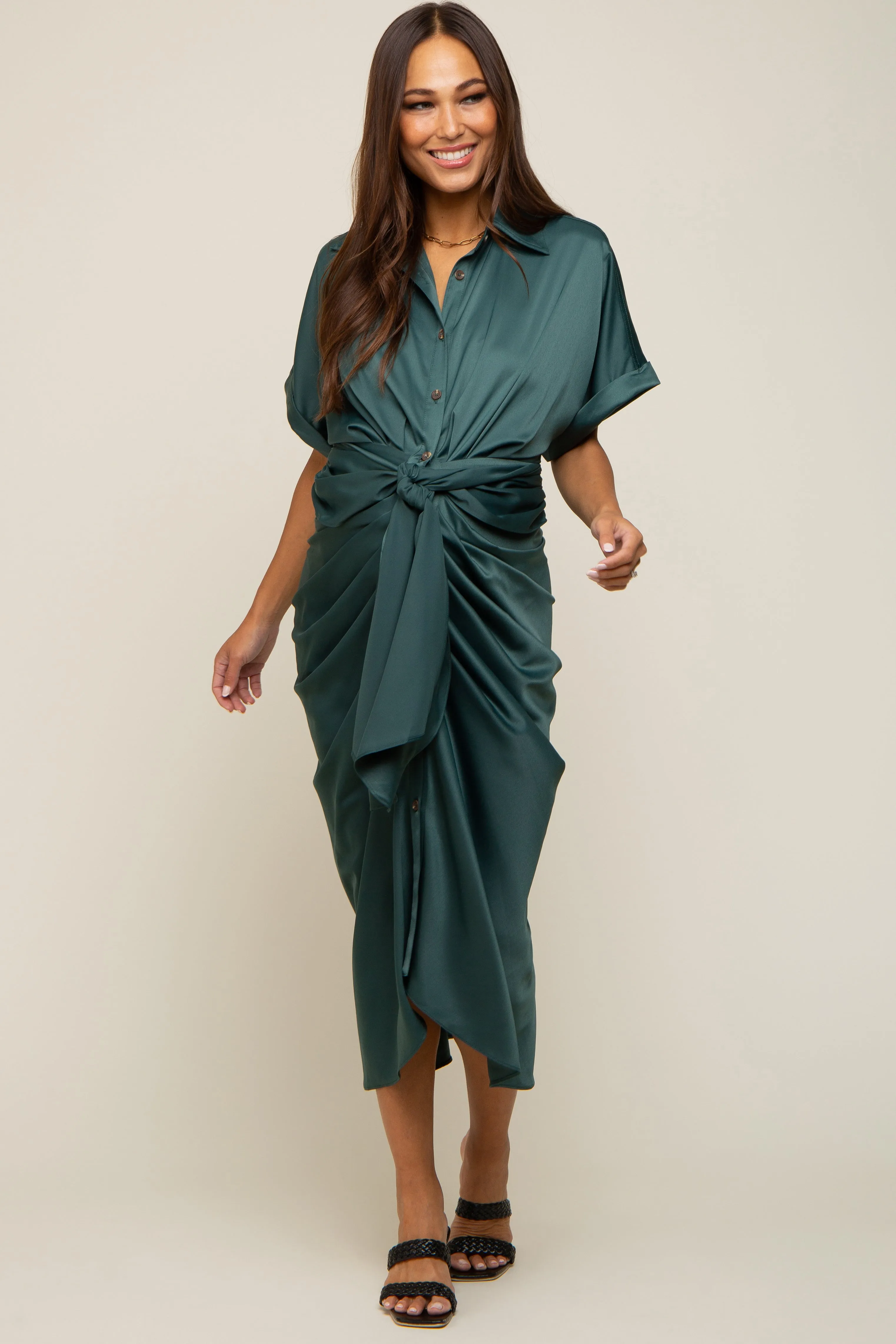 Green Satin Button Down Gathered Maternity Midi Dress sold by Pinkblush