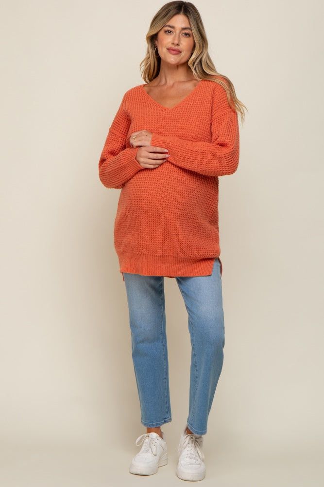 Orange Chunky Knit V-Neck Side Slit Long Maternity Sweater sold by Pinkblush product image thumbnail 4