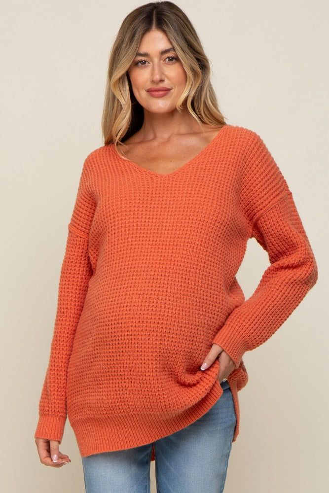 Orange Chunky Knit V-Neck Side Slit Long Maternity Sweater sold by Pinkblush