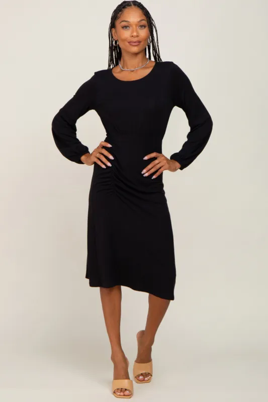 Black Long Sleeve Ruched Midi Dress sold by Pinkblush