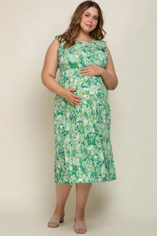 Green Floral Paisley Tiered Plus Maternity Midi Dress sold by Pinkblush
