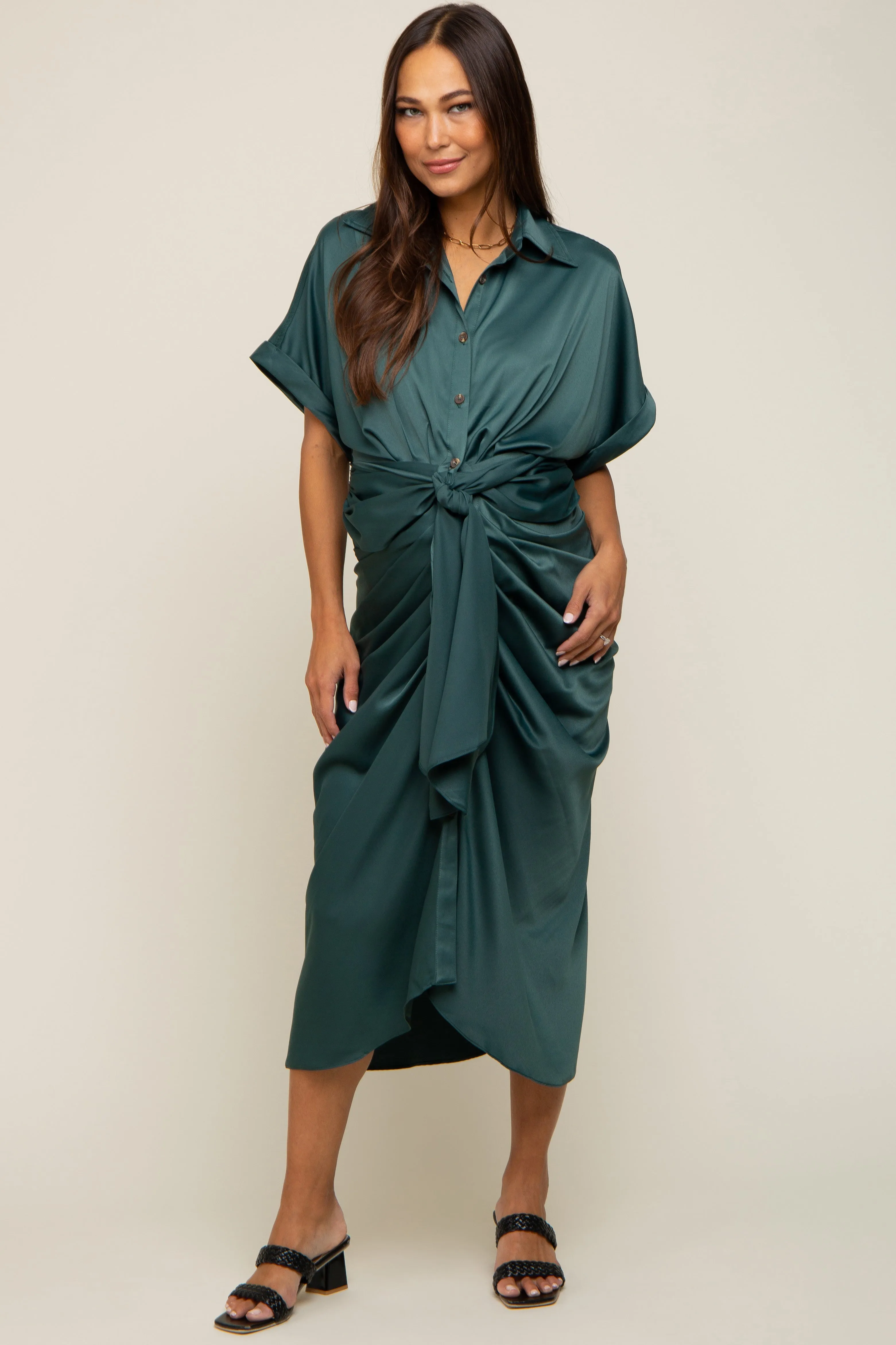 Green Satin Button Down Gathered Maternity Midi Dress sold by Pinkblush product image thumbnail 5