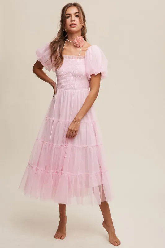 Light Pink Smocked Tiered Tulle Midi Dress sold by Pinkblush