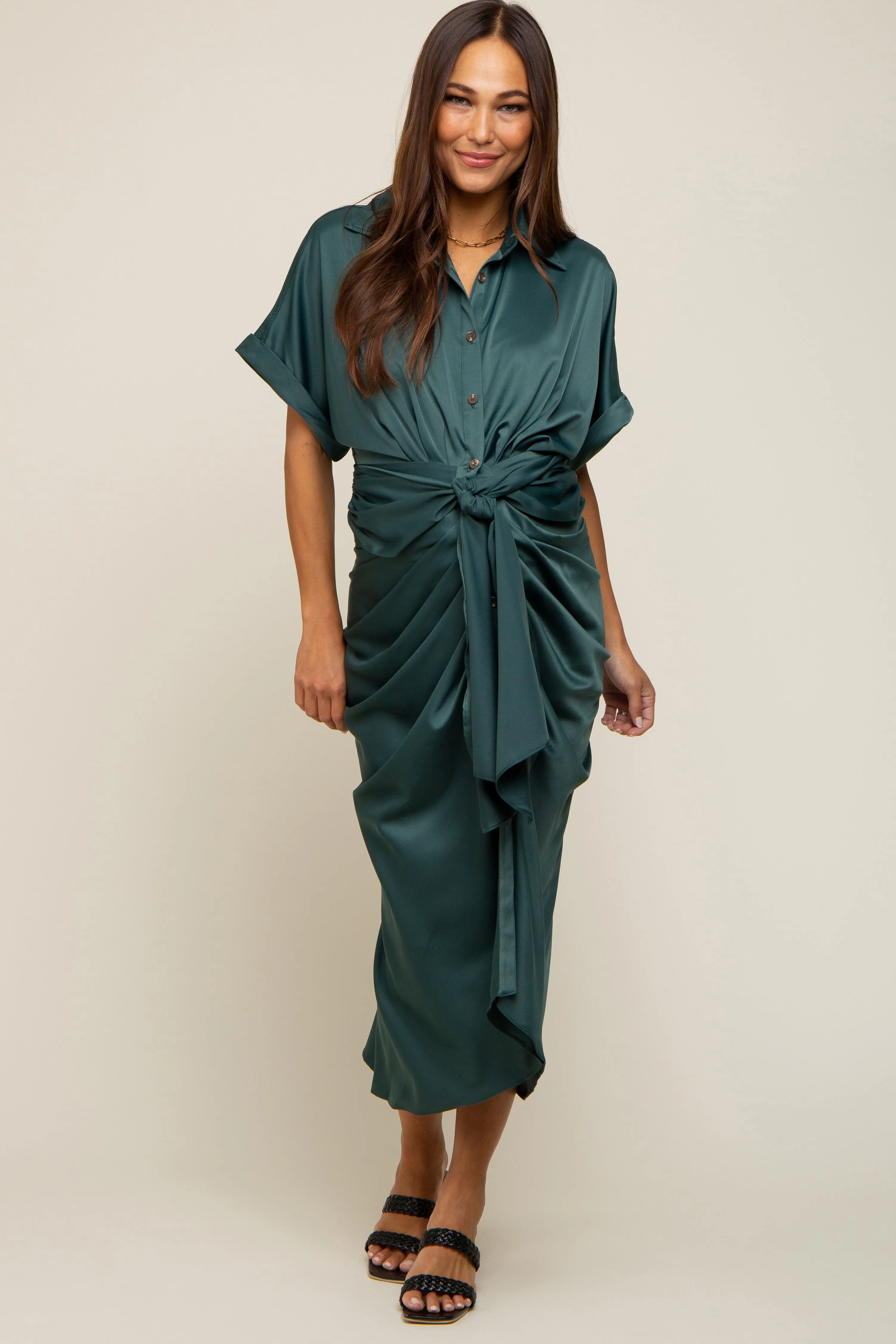 Green Satin Button Down Gathered Maternity Midi Dress sold by Pinkblush product image thumbnail 2