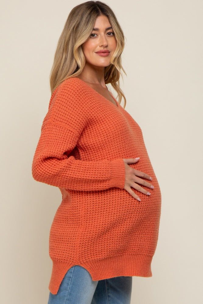 Orange Chunky Knit V-Neck Side Slit Long Maternity Sweater sold by Pinkblush product image thumbnail 2