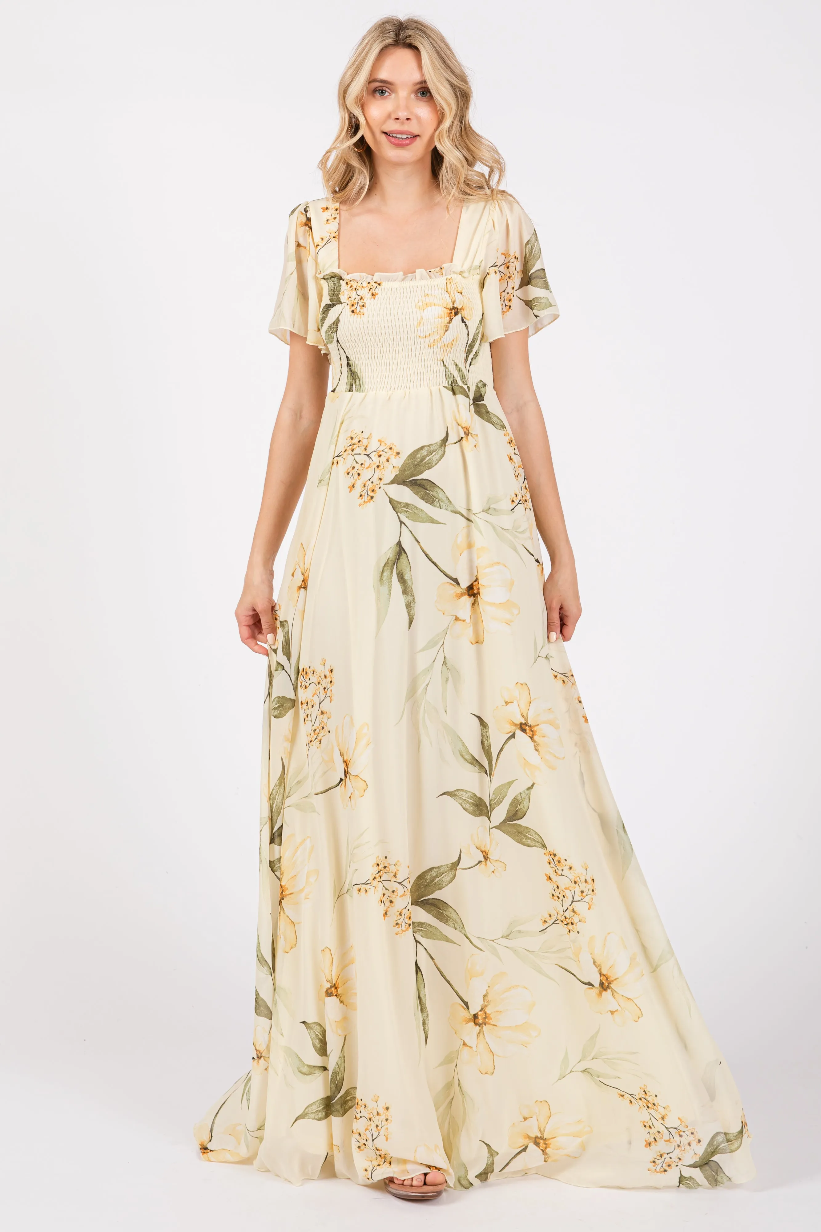 Yellow Floral Smocked Maternity Maxi Dress sold by Pinkblush product image thumbnail 5