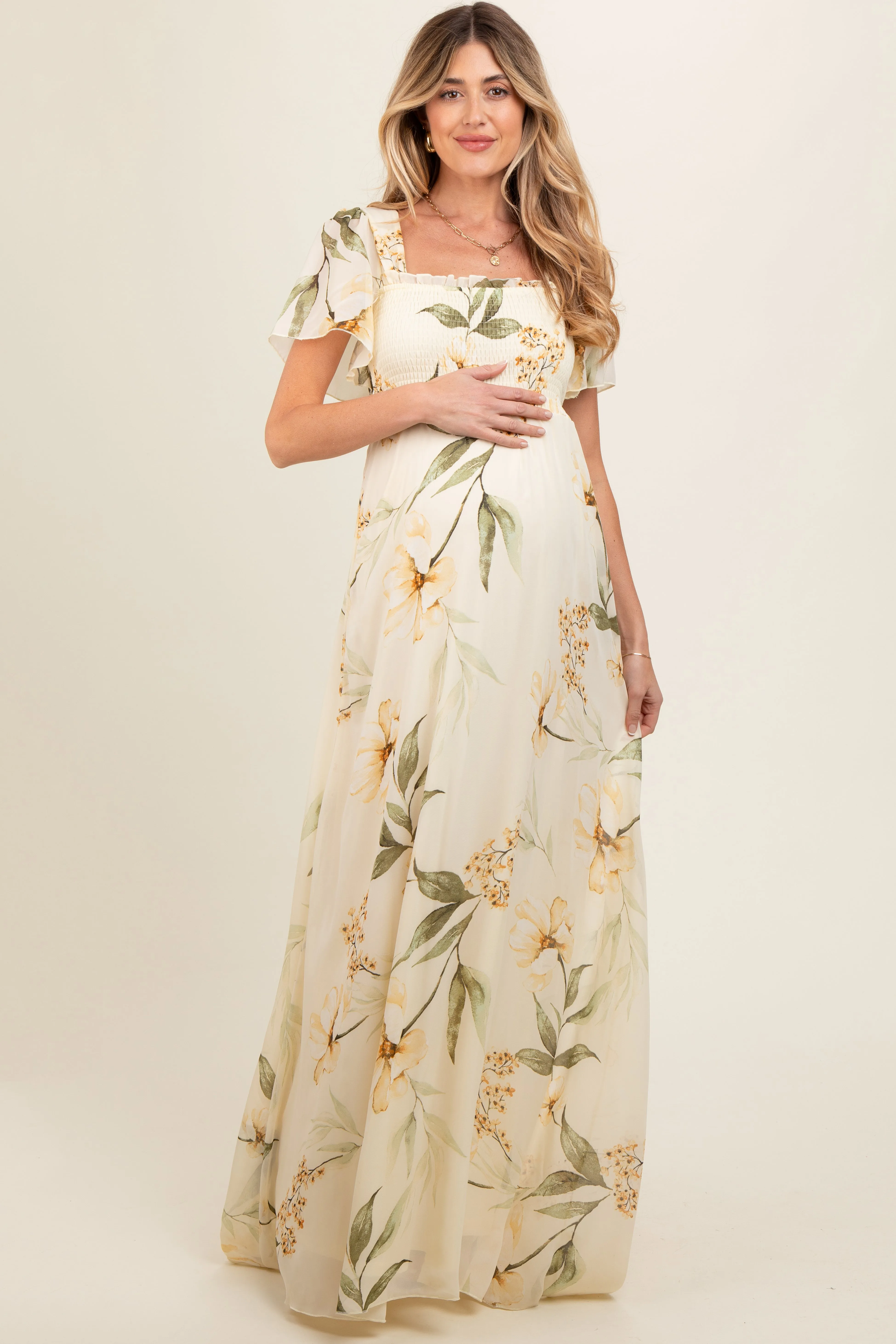 Yellow Floral Smocked Maternity Maxi Dress sold by Pinkblush product image thumbnail 2