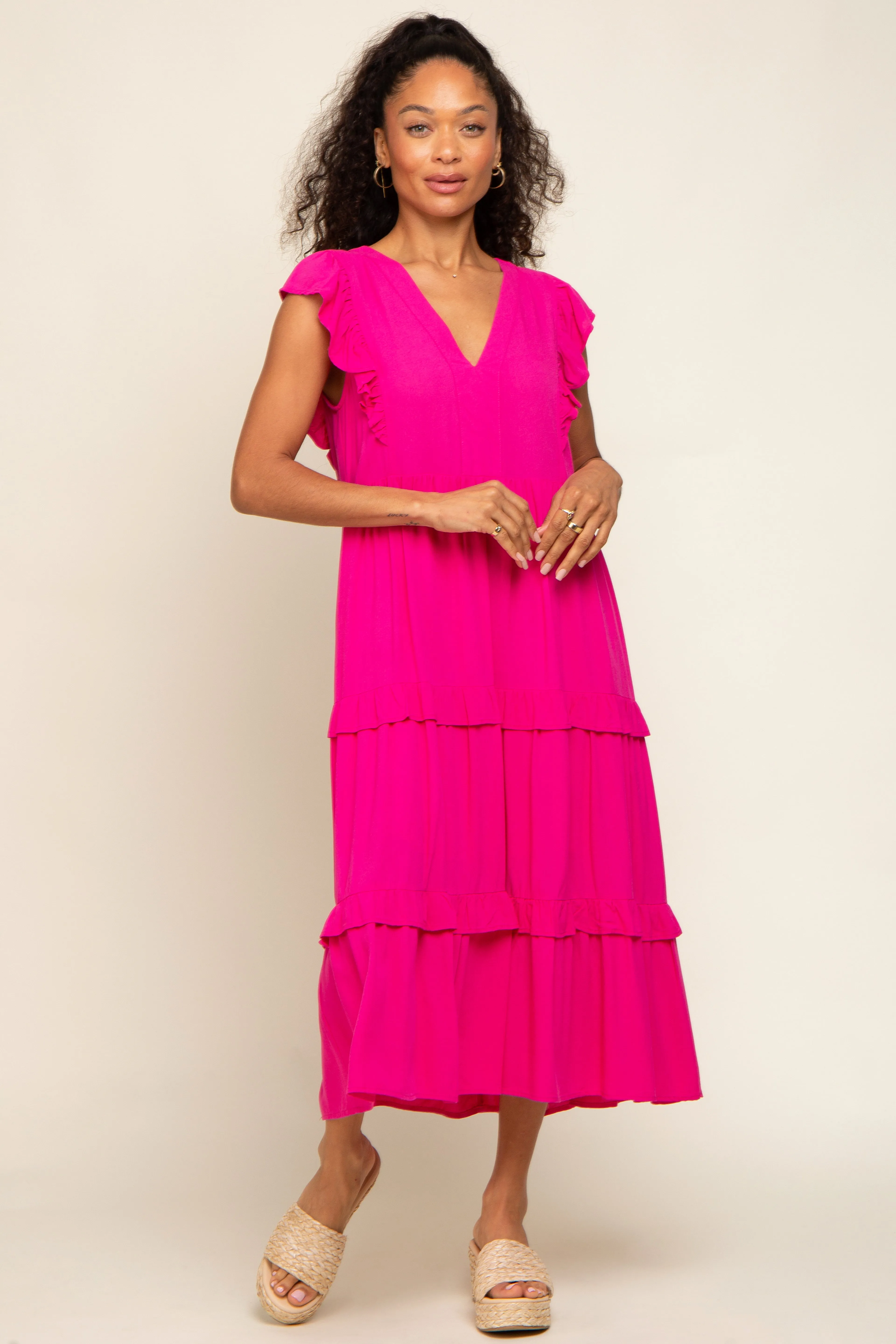 Fuchsia Ruffle Accent Tiered Midi Dress sold by Pinkblush product image thumbnail 4