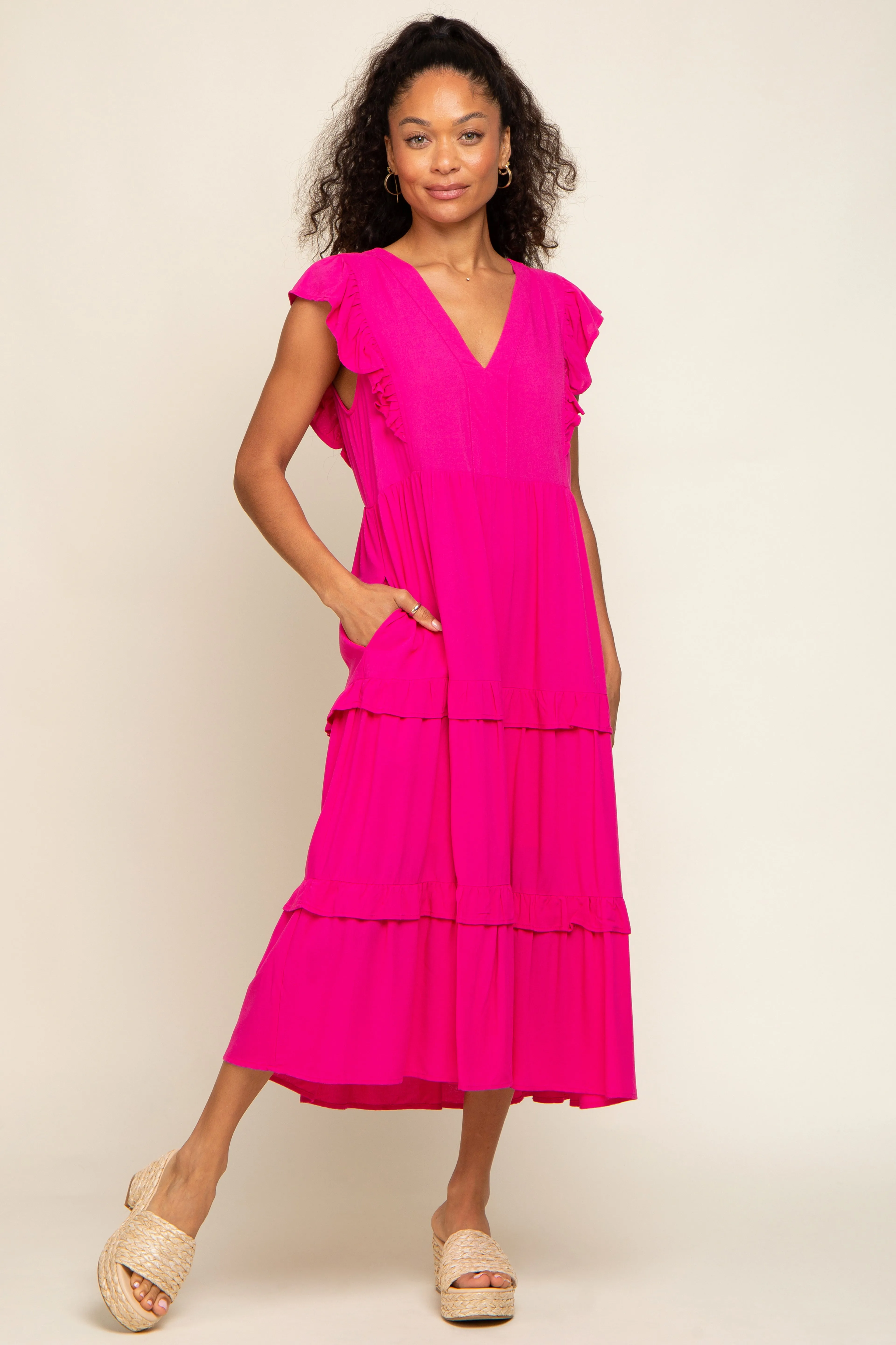 Fuchsia Ruffle Accent Tiered Midi Dress sold by Pinkblush