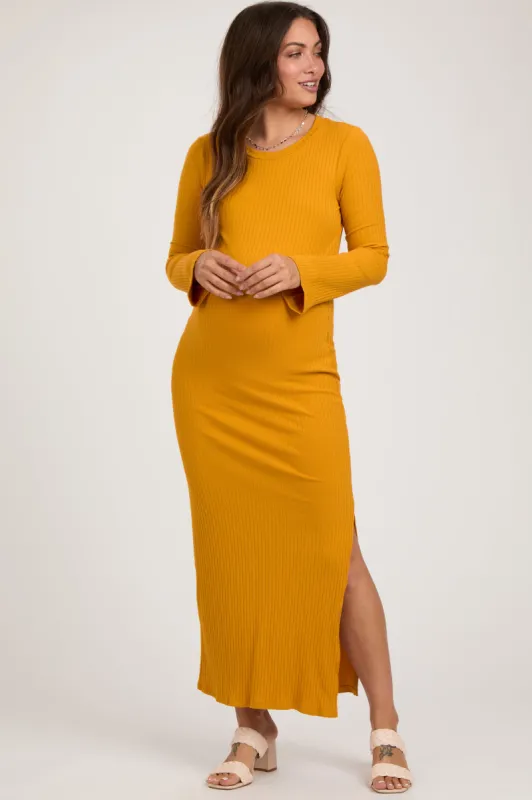 Yellow Ribbed Side Slit Maternity Maxi Dress sold by Pinkblush
