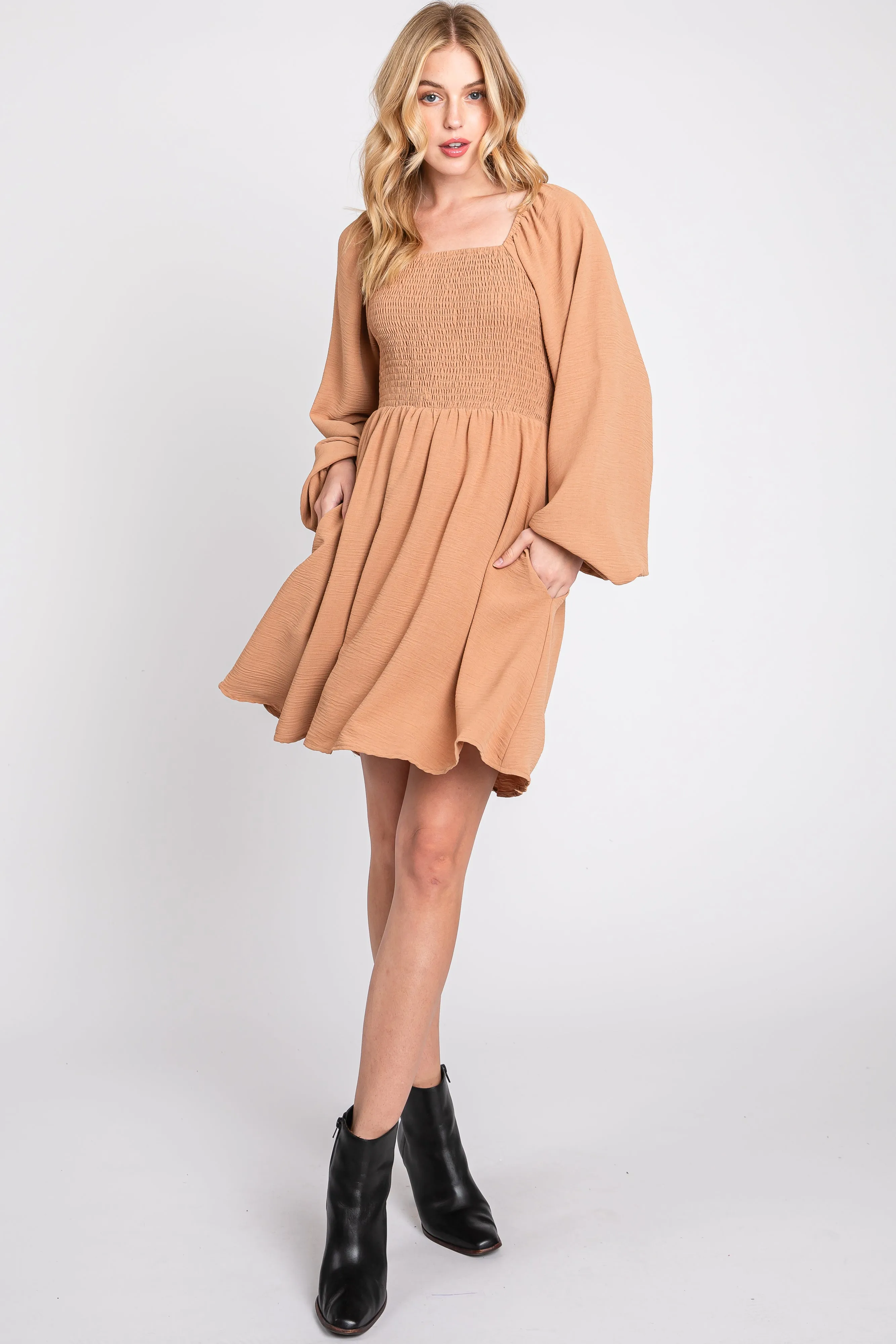 Camel Tie Back Smocked Long Sleeve Maternity Dress sold by Pinkblush product image thumbnail 5