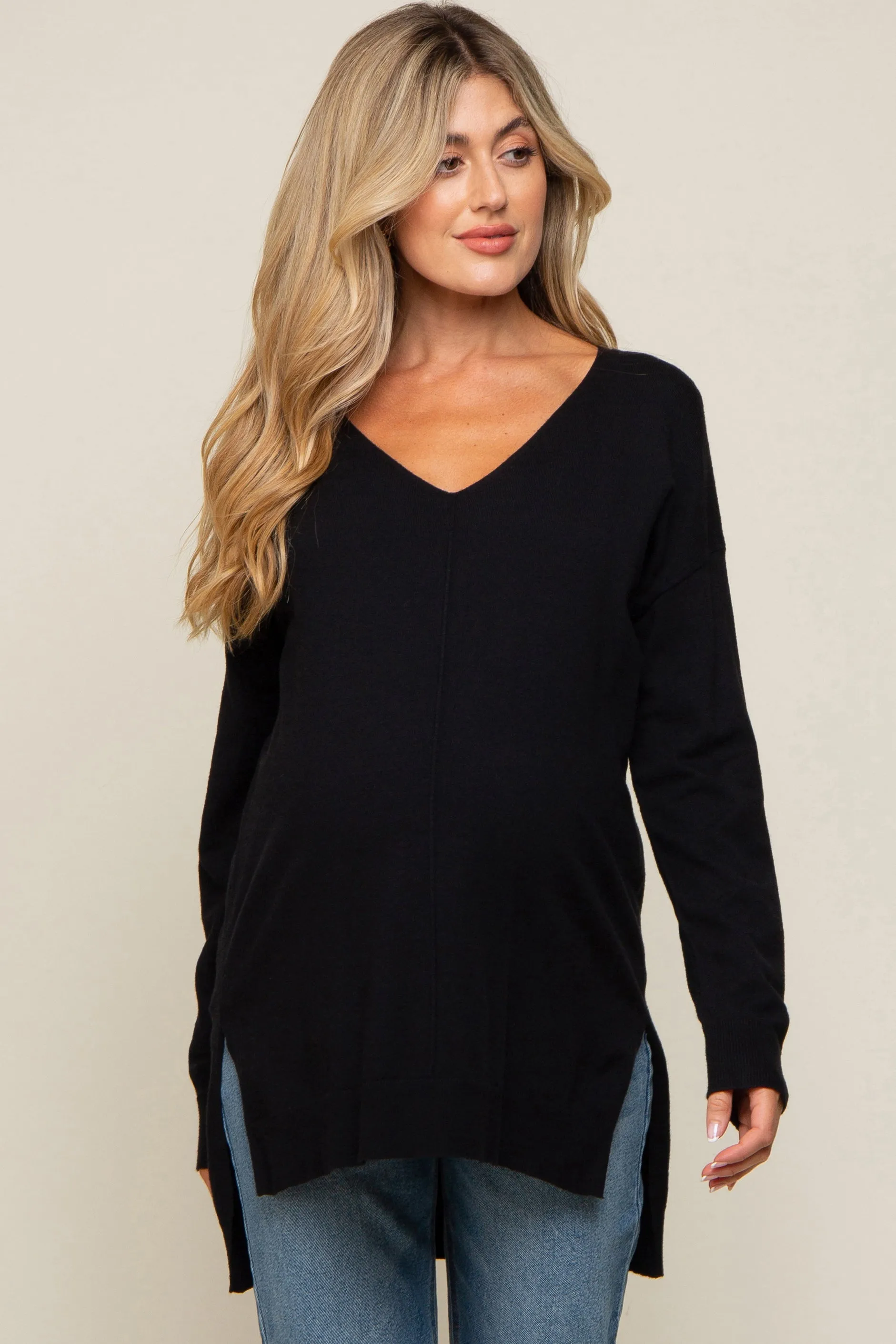 Black Oversized Knit Side Slit Maternity Top sold by Pinkblush product image thumbnail 2