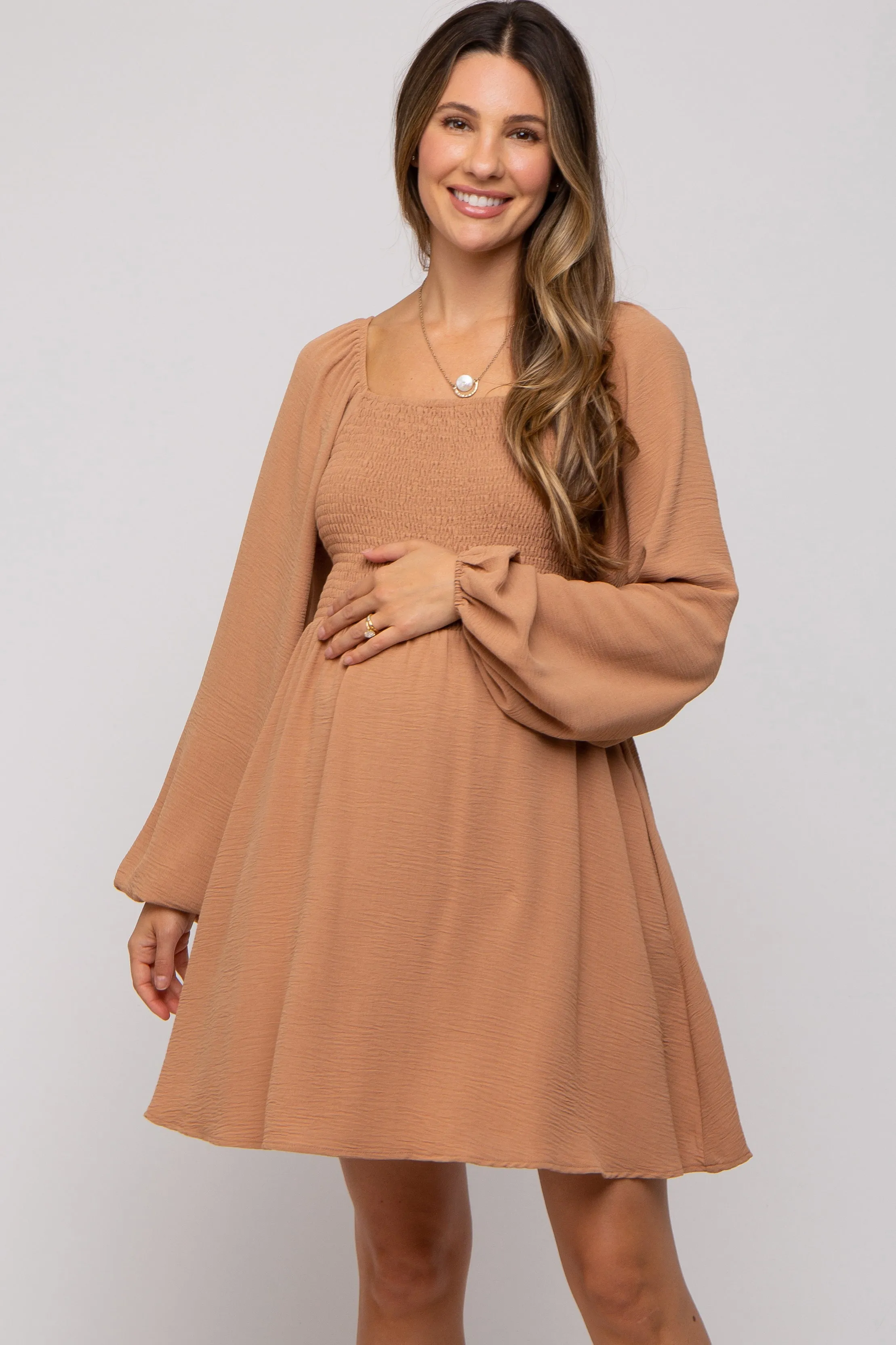 Camel Tie Back Smocked Long Sleeve Maternity Dress sold by Pinkblush product image thumbnail 2