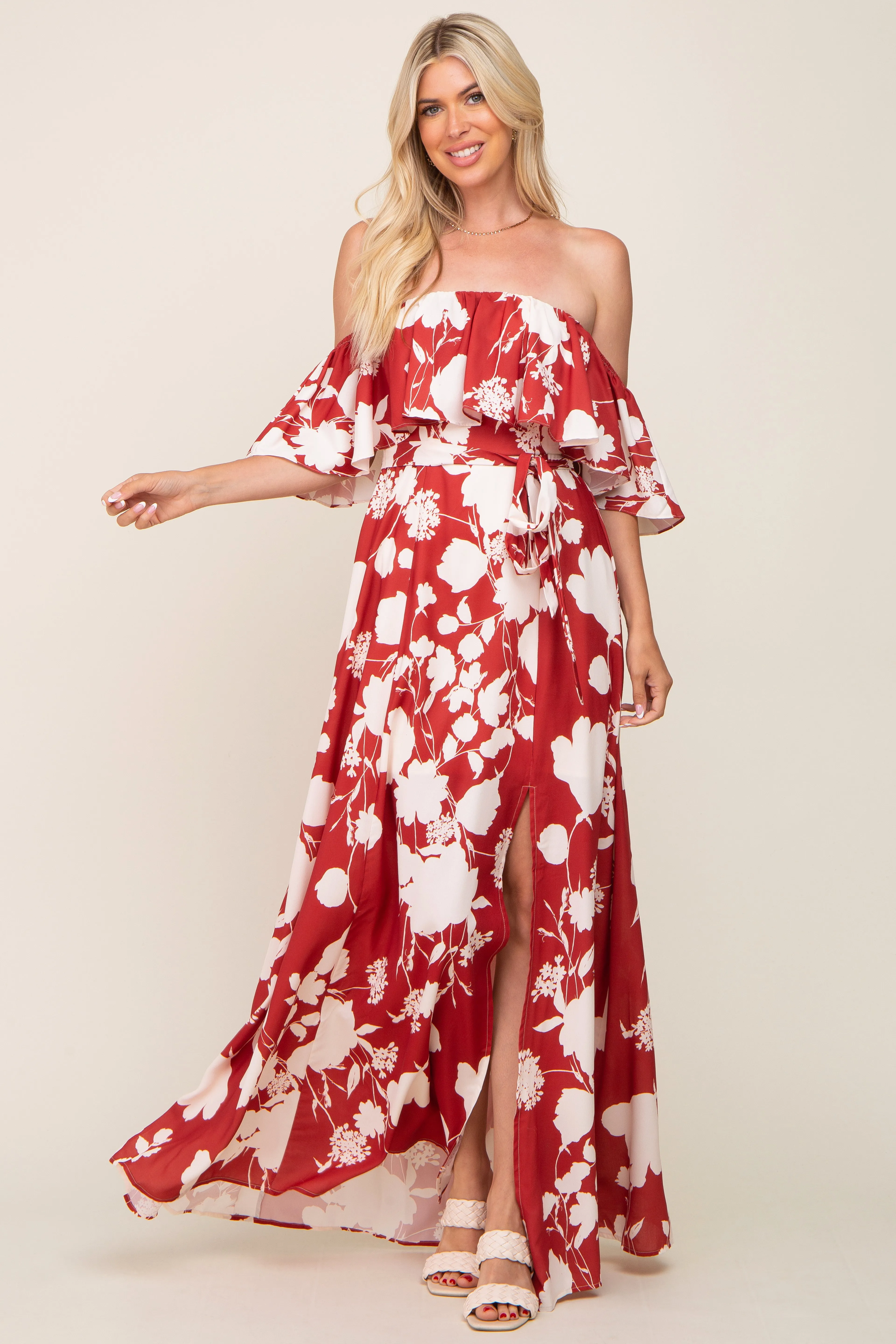 Rust Floral Overlay Off-Shoulder Side Slit Maxi Dress sold by Pinkblush product image thumbnail 4