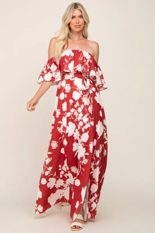 Rust Floral Overlay Off-Shoulder Side Slit Maxi Dress sold by Pinkblush