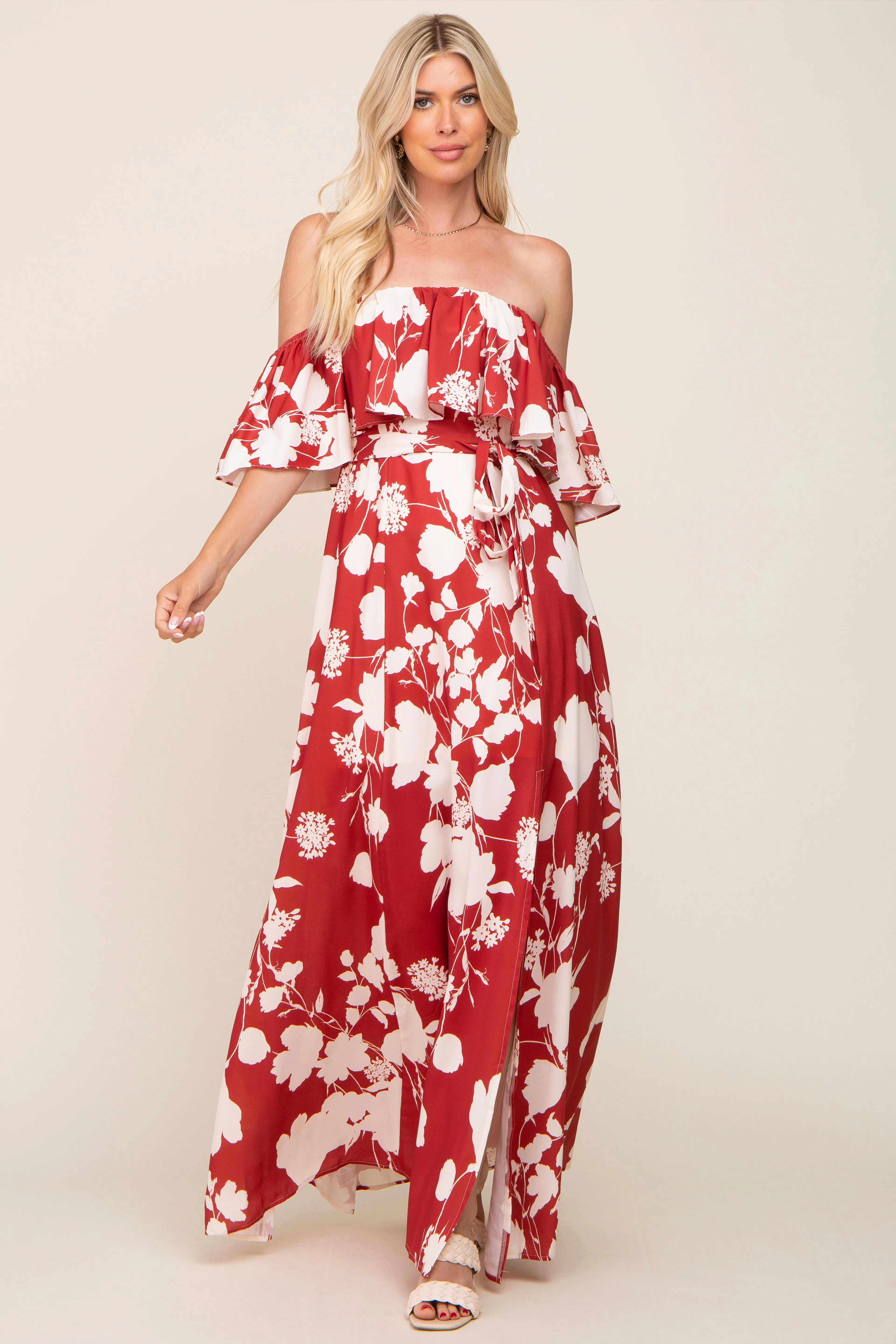 Rust Floral Overlay Off-Shoulder Side Slit Maxi Dress sold by Pinkblush