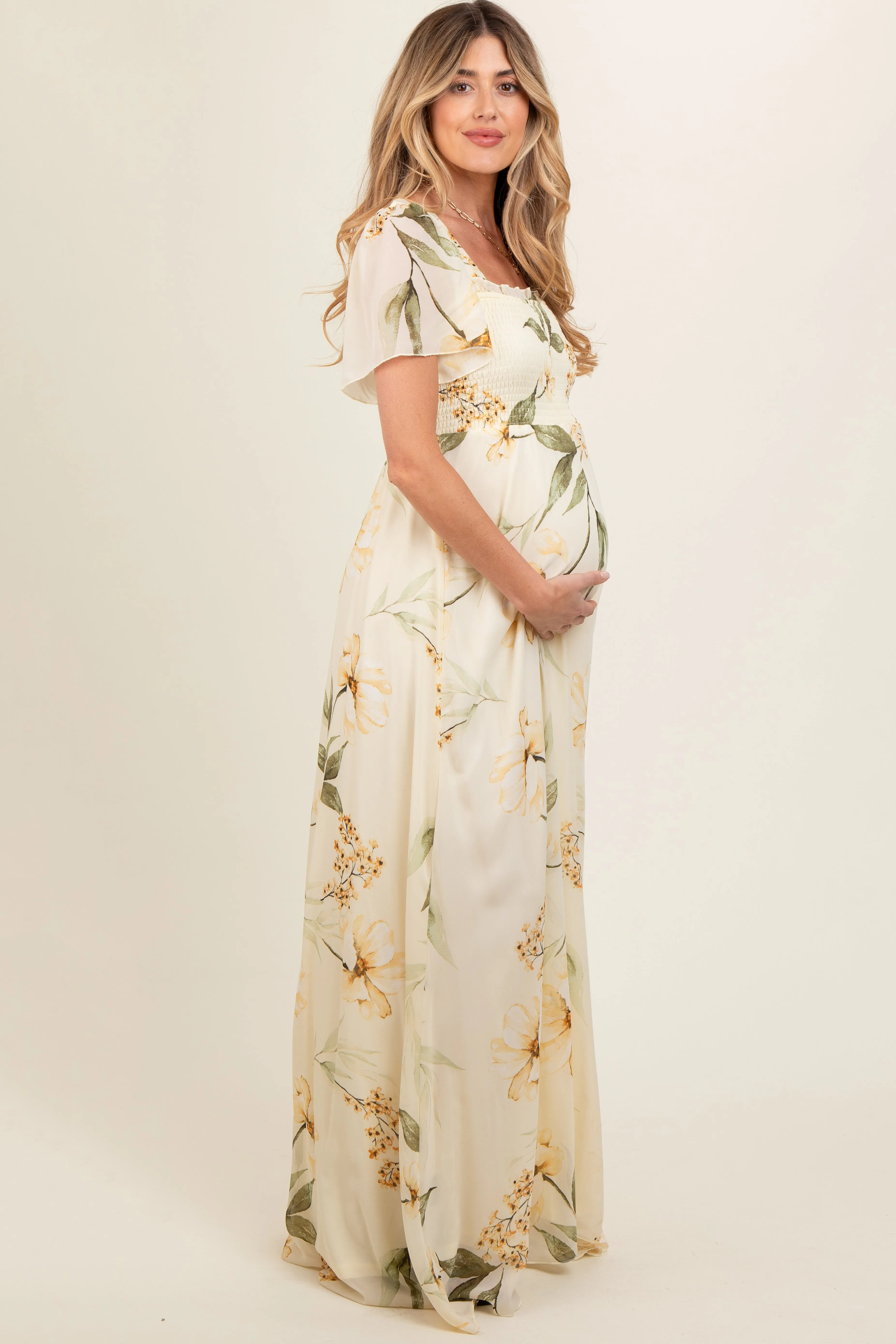 Yellow Floral Smocked Maternity Maxi Dress sold by Pinkblush product image thumbnail 3