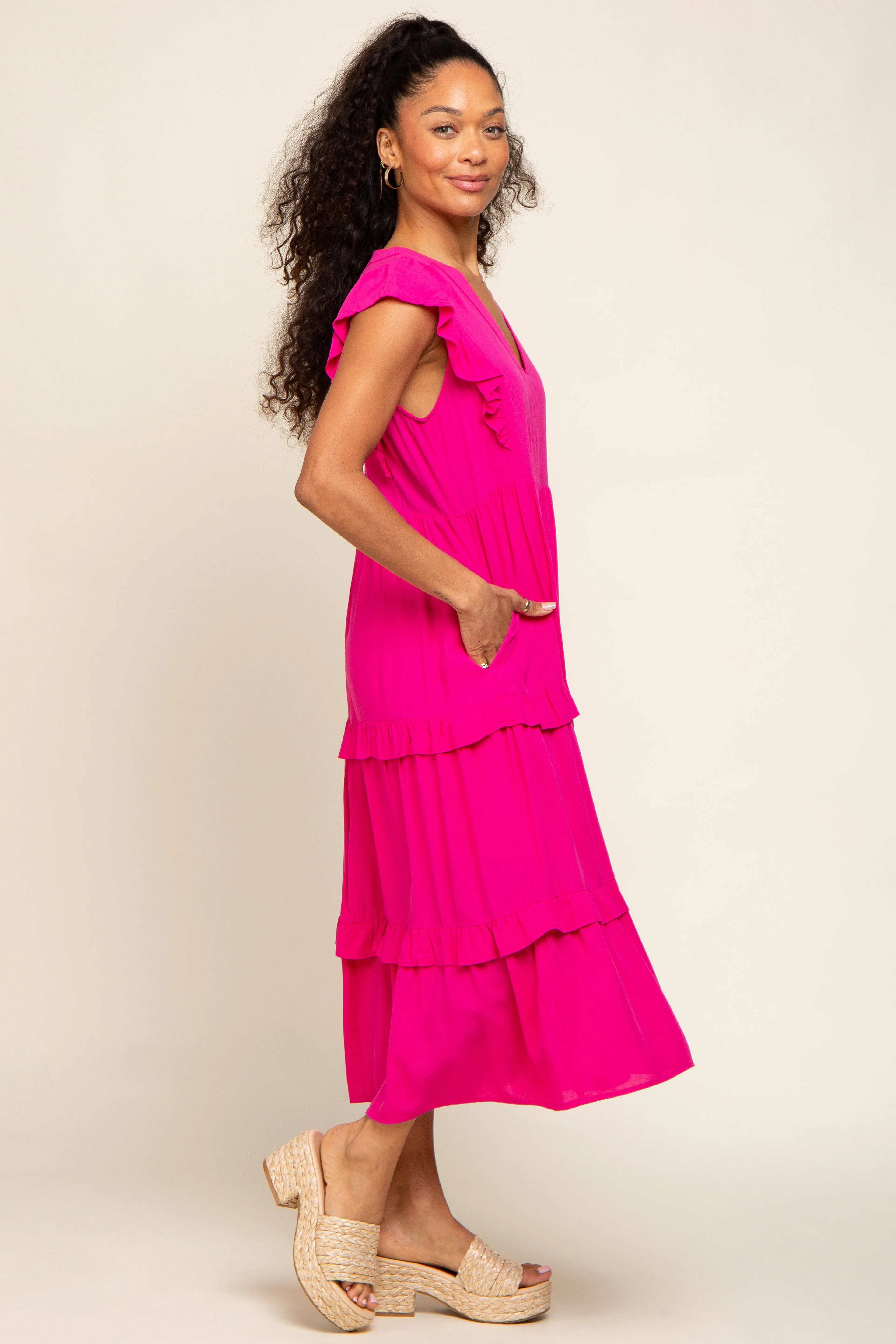 Fuchsia Ruffle Accent Tiered Midi Dress sold by Pinkblush product image thumbnail 2