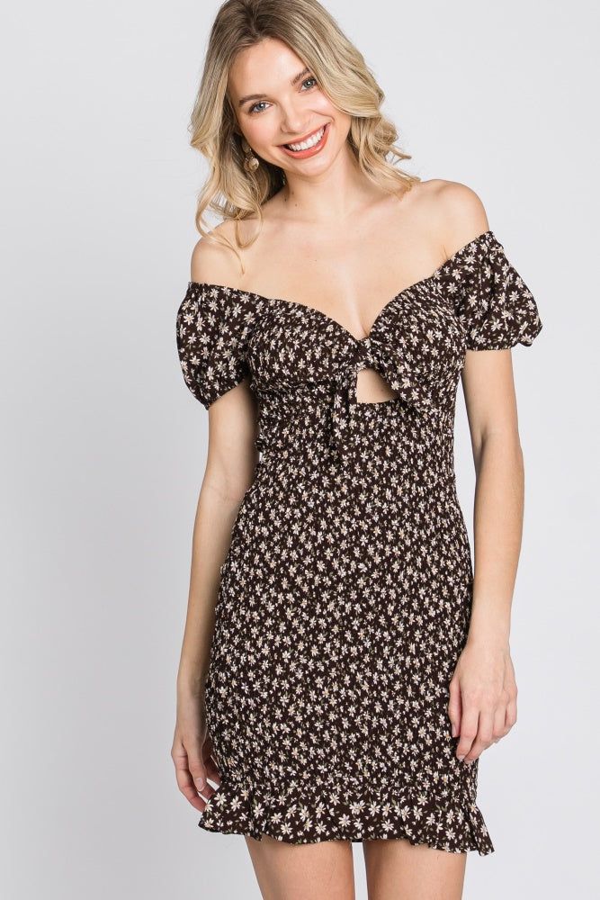 Brown Floral Smocked Cutout Maternity Mini Dress sold by Pinkblush product image thumbnail 6