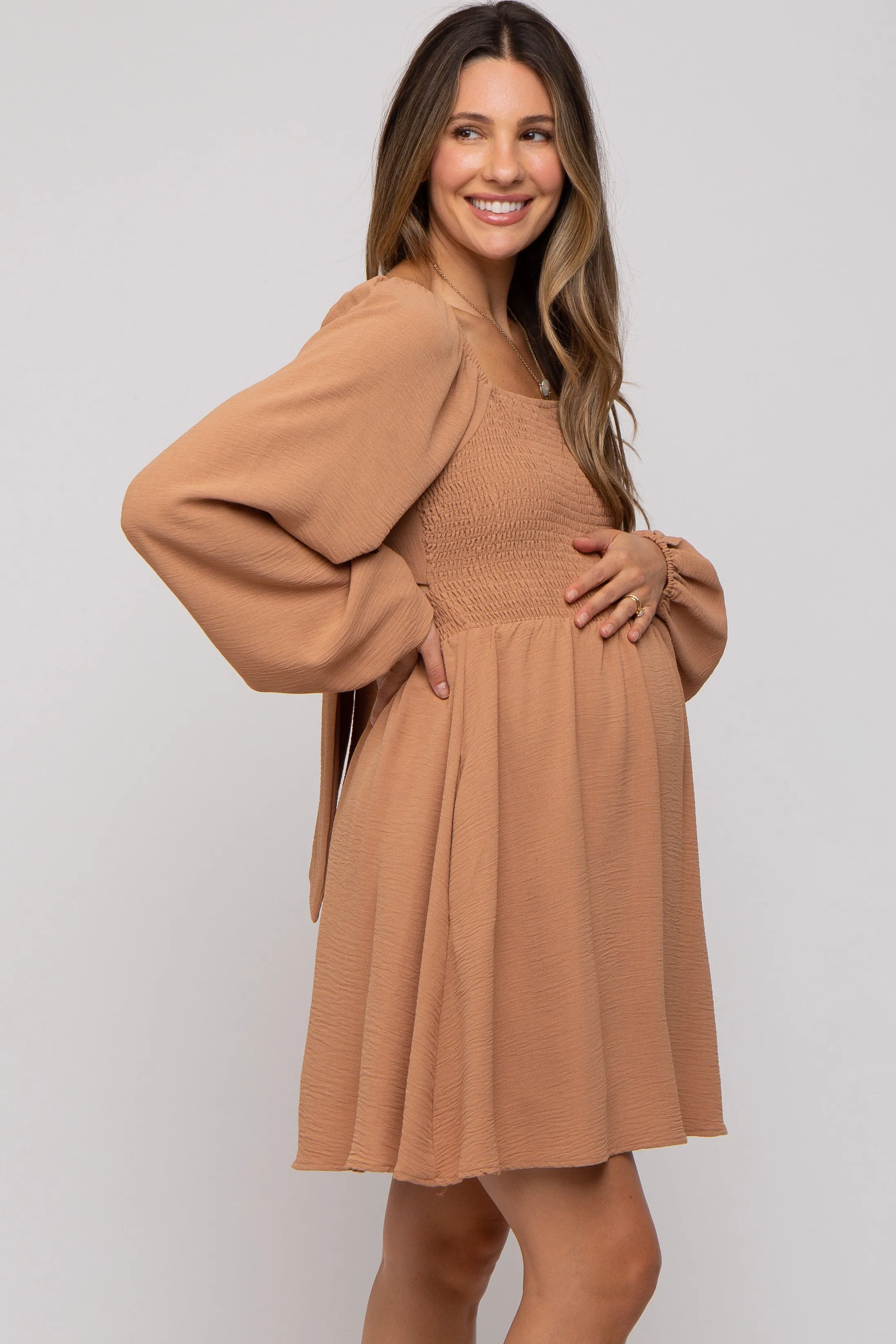 Camel Tie Back Smocked Long Sleeve Maternity Dress sold by Pinkblush product image thumbnail 3