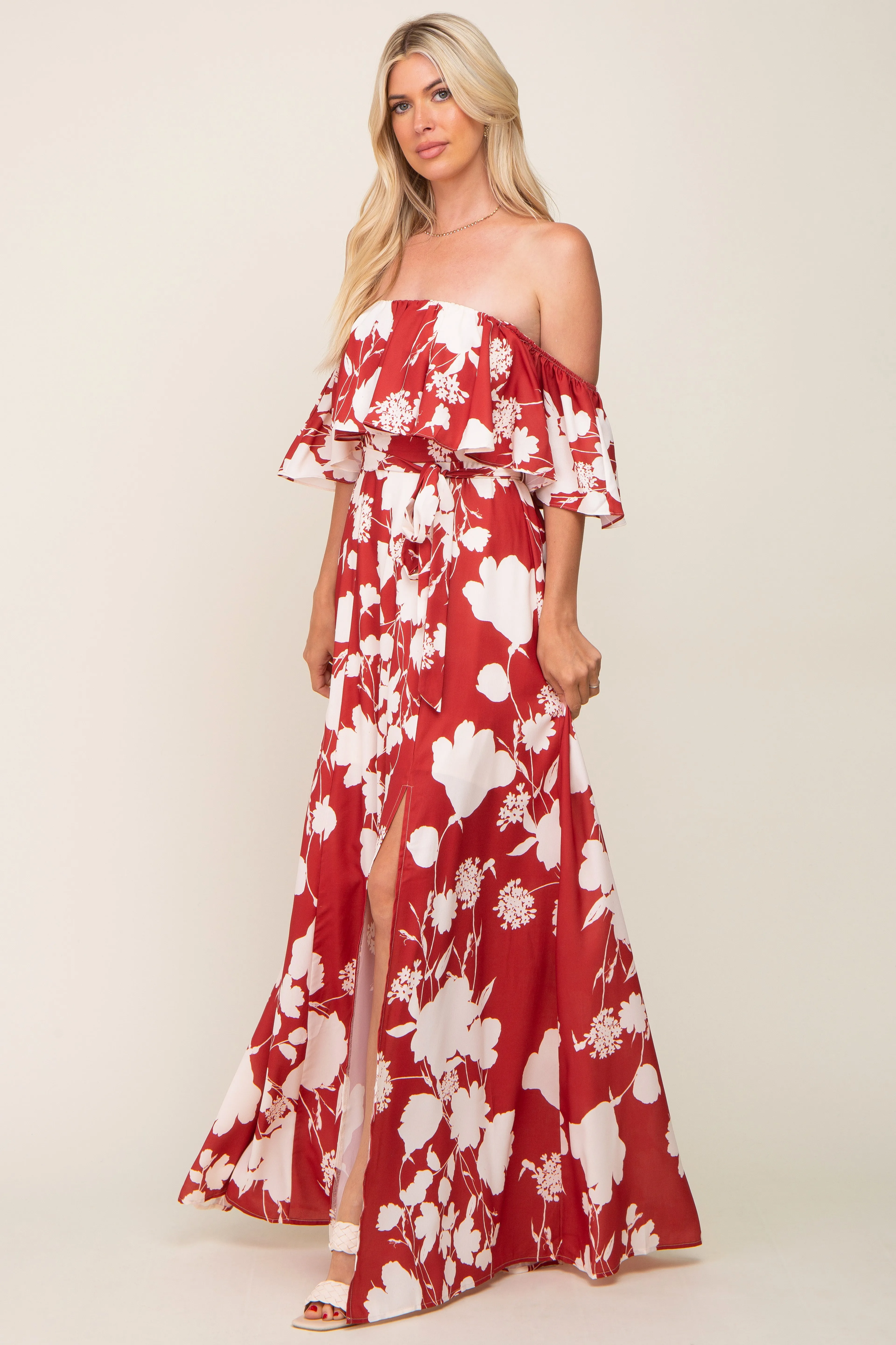 Rust Floral Overlay Off-Shoulder Side Slit Maxi Dress sold by Pinkblush product image thumbnail 2