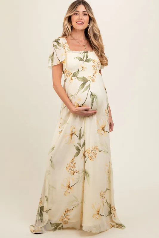 Yellow Floral Smocked Maternity Maxi Dress sold by Pinkblush
