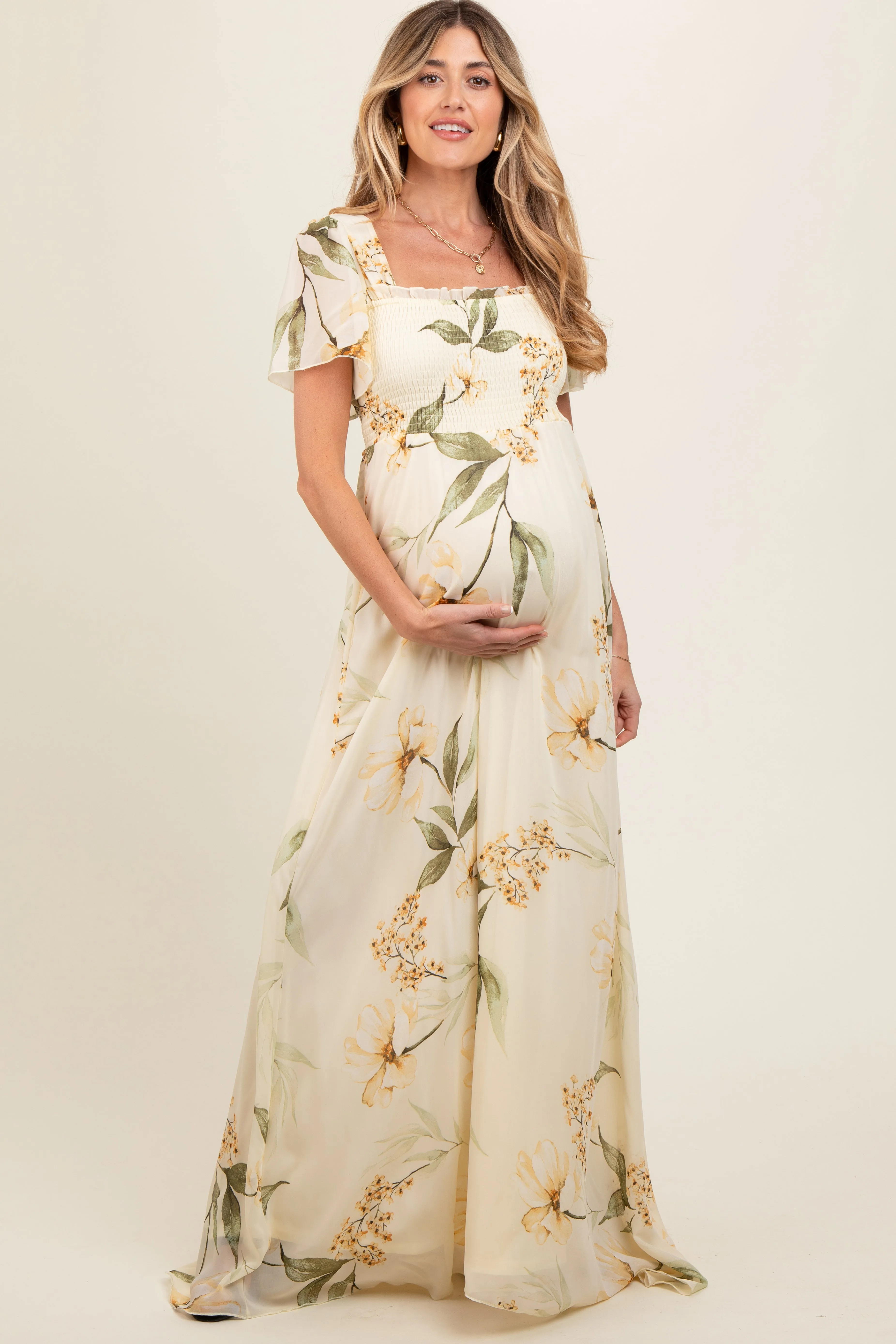 Yellow Floral Smocked Maternity Maxi Dress sold by Pinkblush